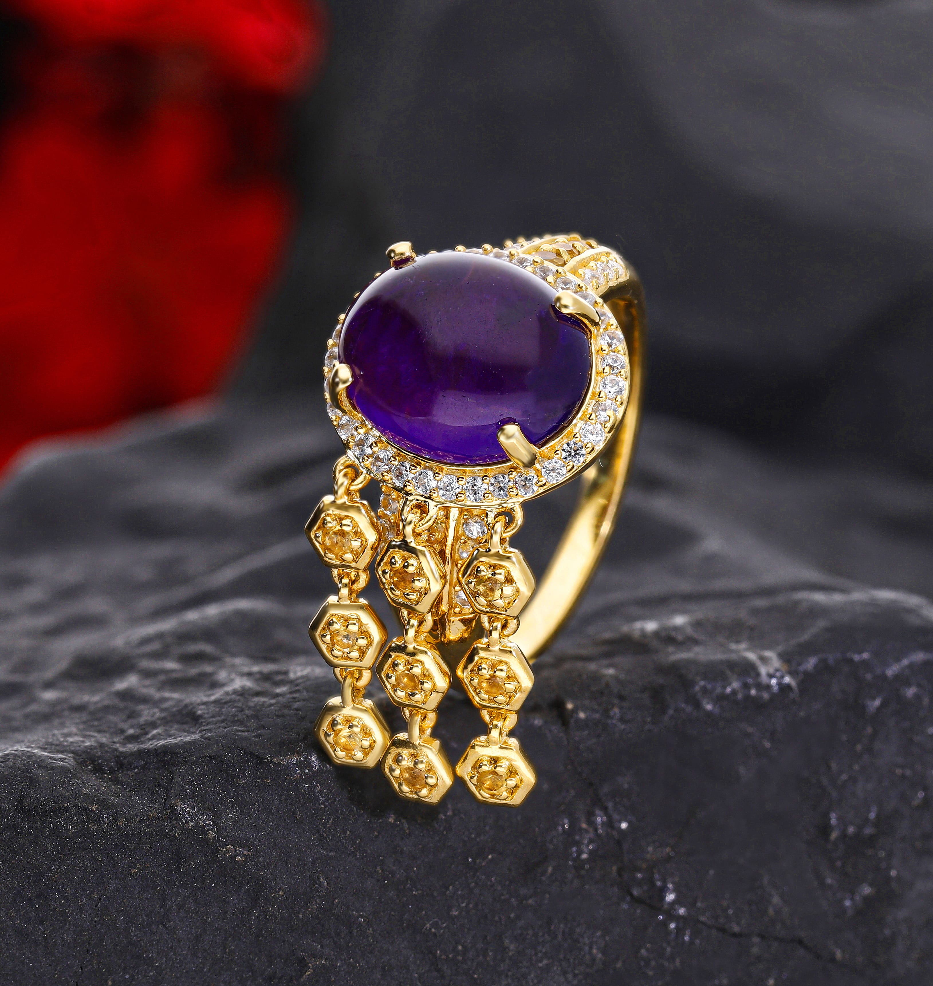 GP- Honeycomb Collection - Amethyst, Citrine and Natural Zircon Ring in 18K Yellow Gold Vermeil Plated Sterling Silver 6.24 Ct.