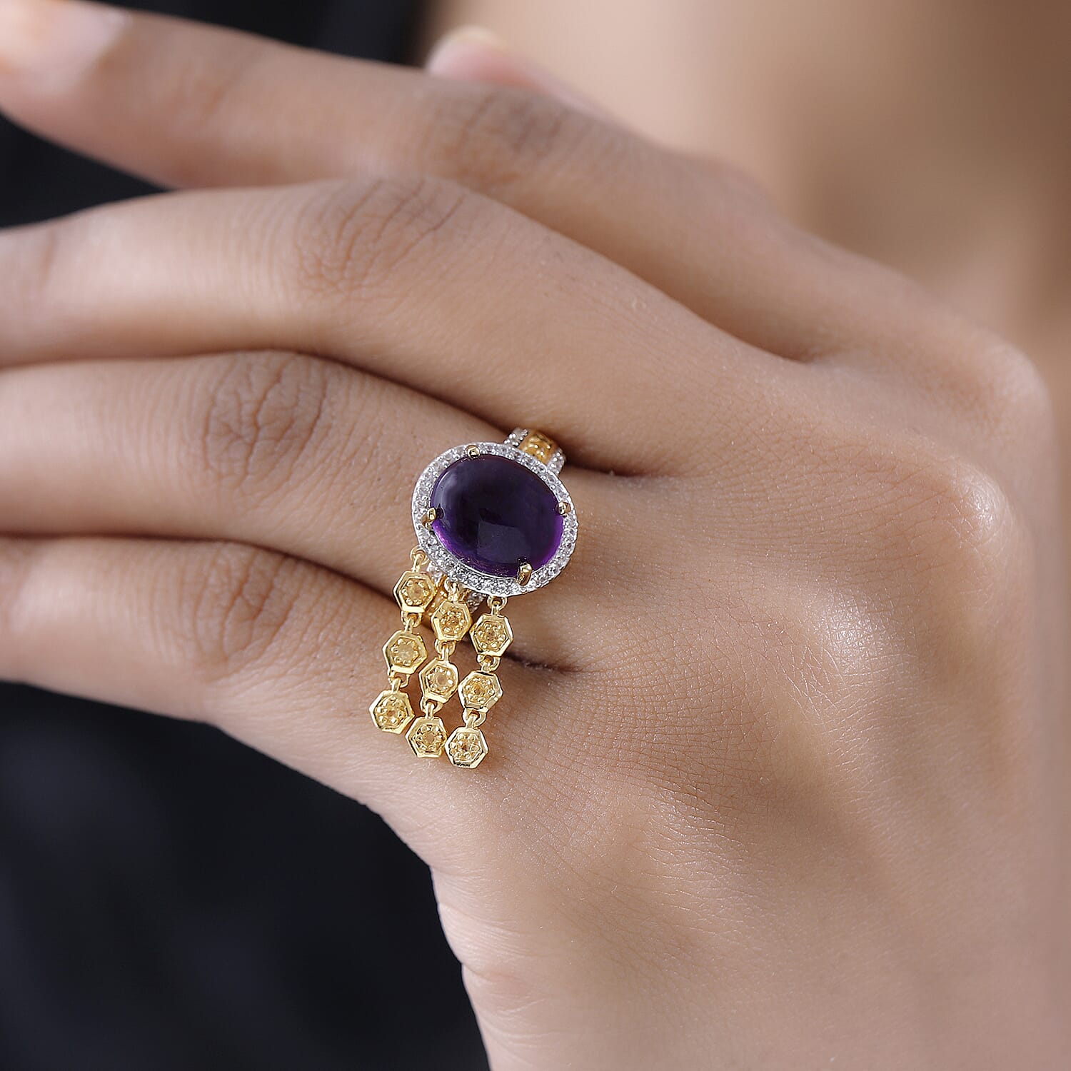 GP- Honeycomb Collection - Amethyst, Citrine and Natural Zircon Ring in 18K Yellow Gold Vermeil Plated Sterling Silver 6.24 Ct.