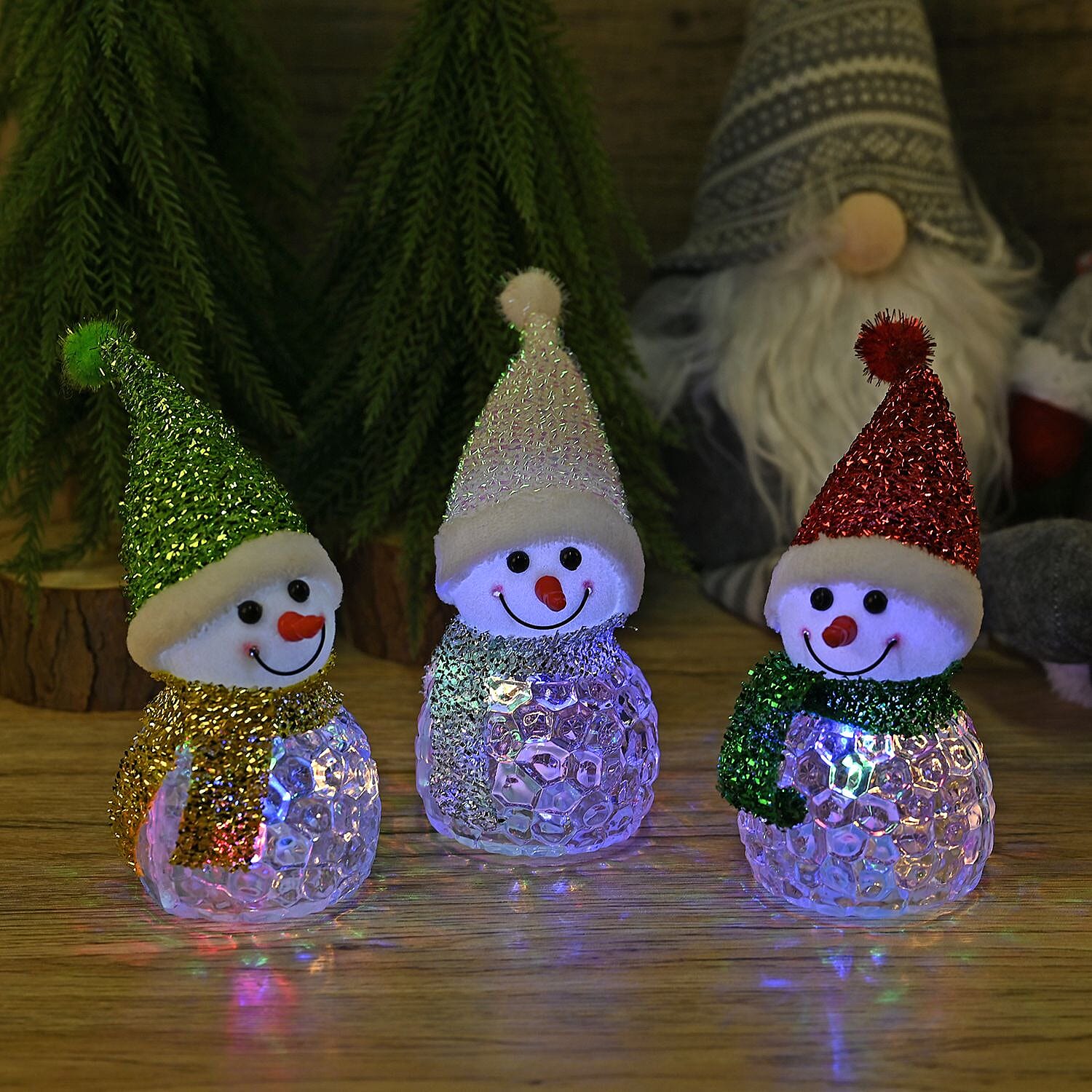 Set of 3 Snowman with 5 LED Lights - Multi, 13cm Height
