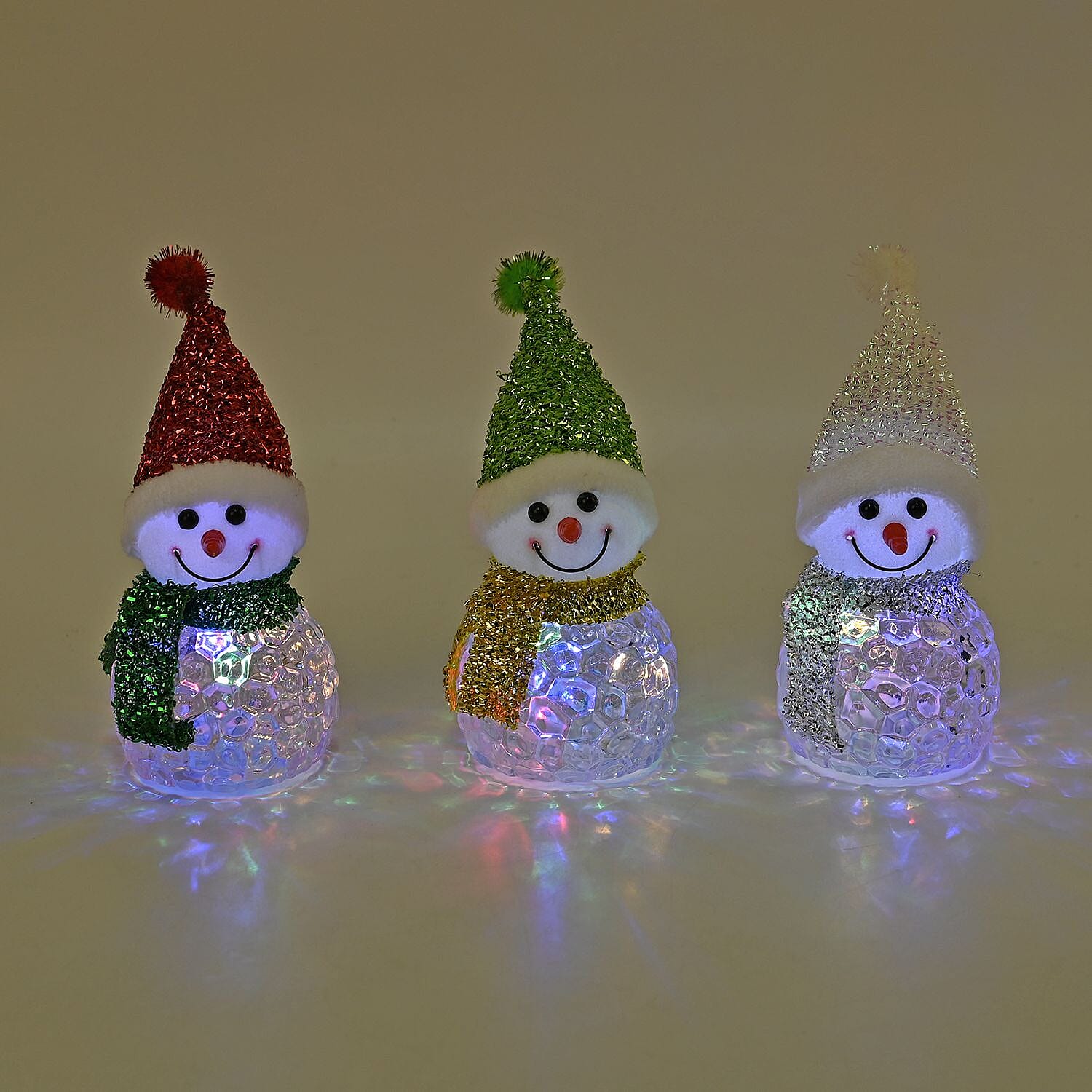 Set of 3 Snowman with 5 LED Lights - Multi, 13cm Height