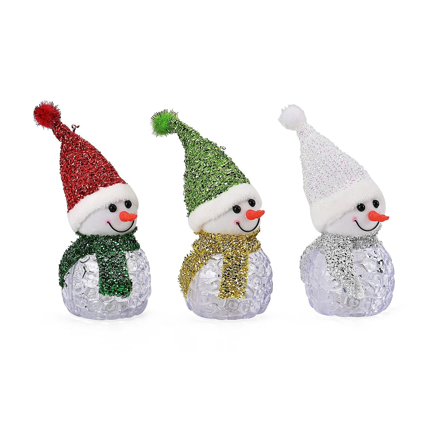 Set of 3 Snowman with 5 LED Lights - Multi, 13cm Height