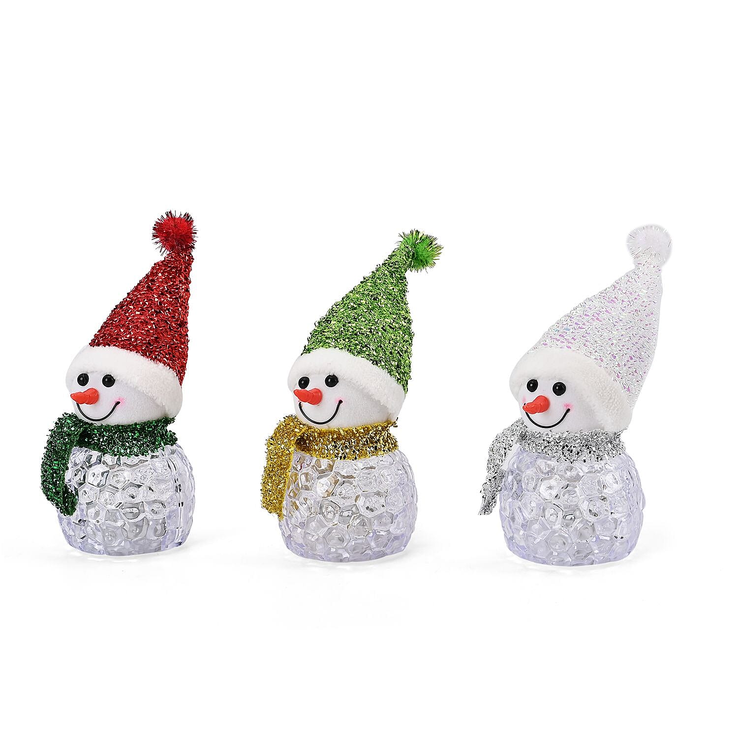 Set of 3 Snowman with 5 LED Lights - Multi, 13cm Height
