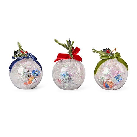 Set of 3 Christmas Decoration Balls with Ribbon - 5 LED Lights - Multi, 7cm Height
