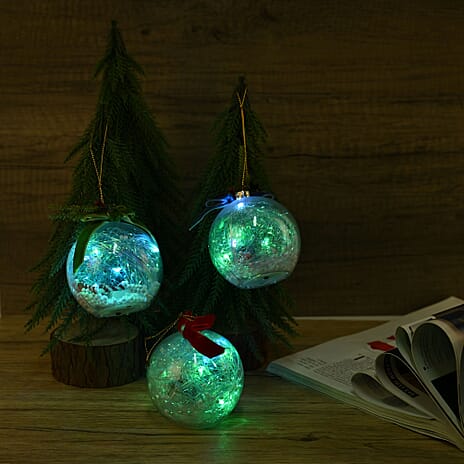Set of 3 Christmas Decoration Balls with Ribbon - 5 LED Lights - Multi, 7cm Height