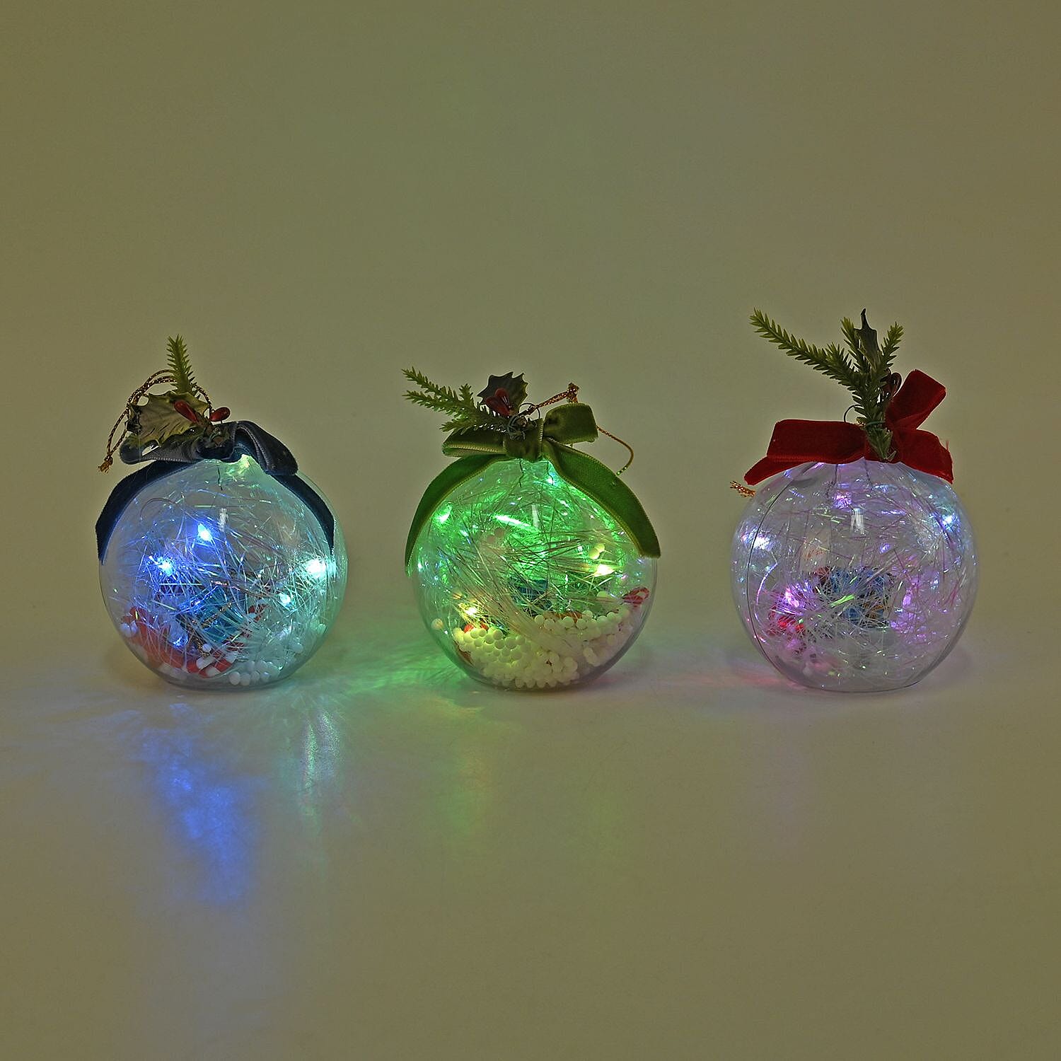 Set of 3 Christmas Decoration Balls with Ribbon - 5 LED Lights - Multi, 7cm Height