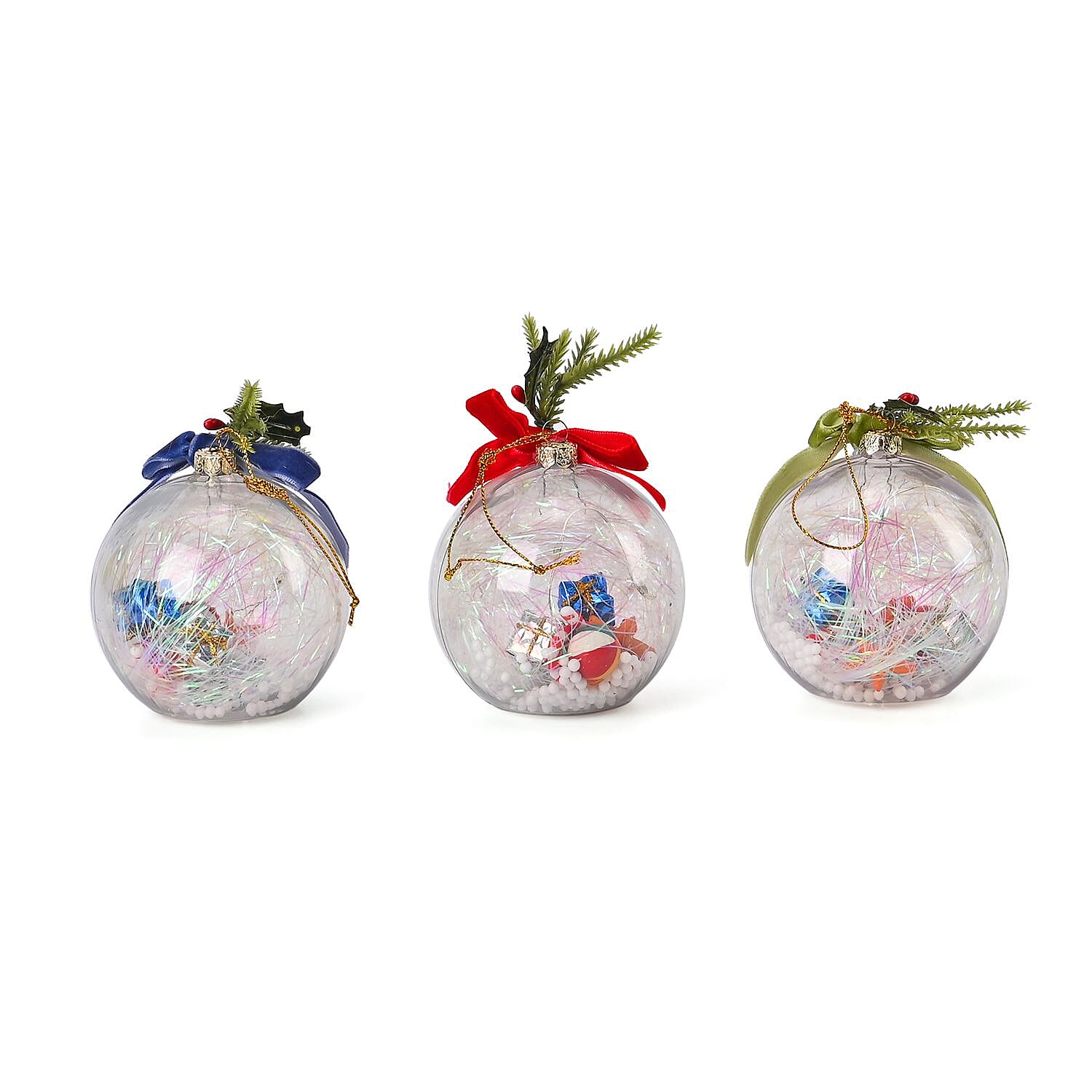 Set of 3 Christmas Decoration Balls with Ribbon - 5 LED Lights - Multi, 7cm Height