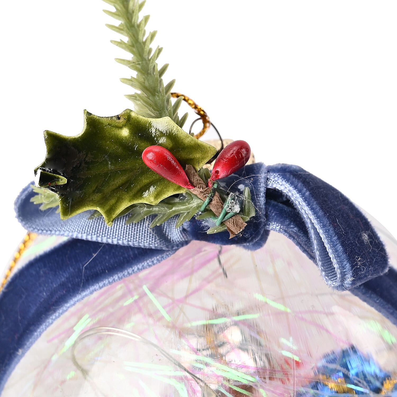 Set of 3 Christmas Decoration Balls with Ribbon - 5 LED Lights - Multi, 7cm Height