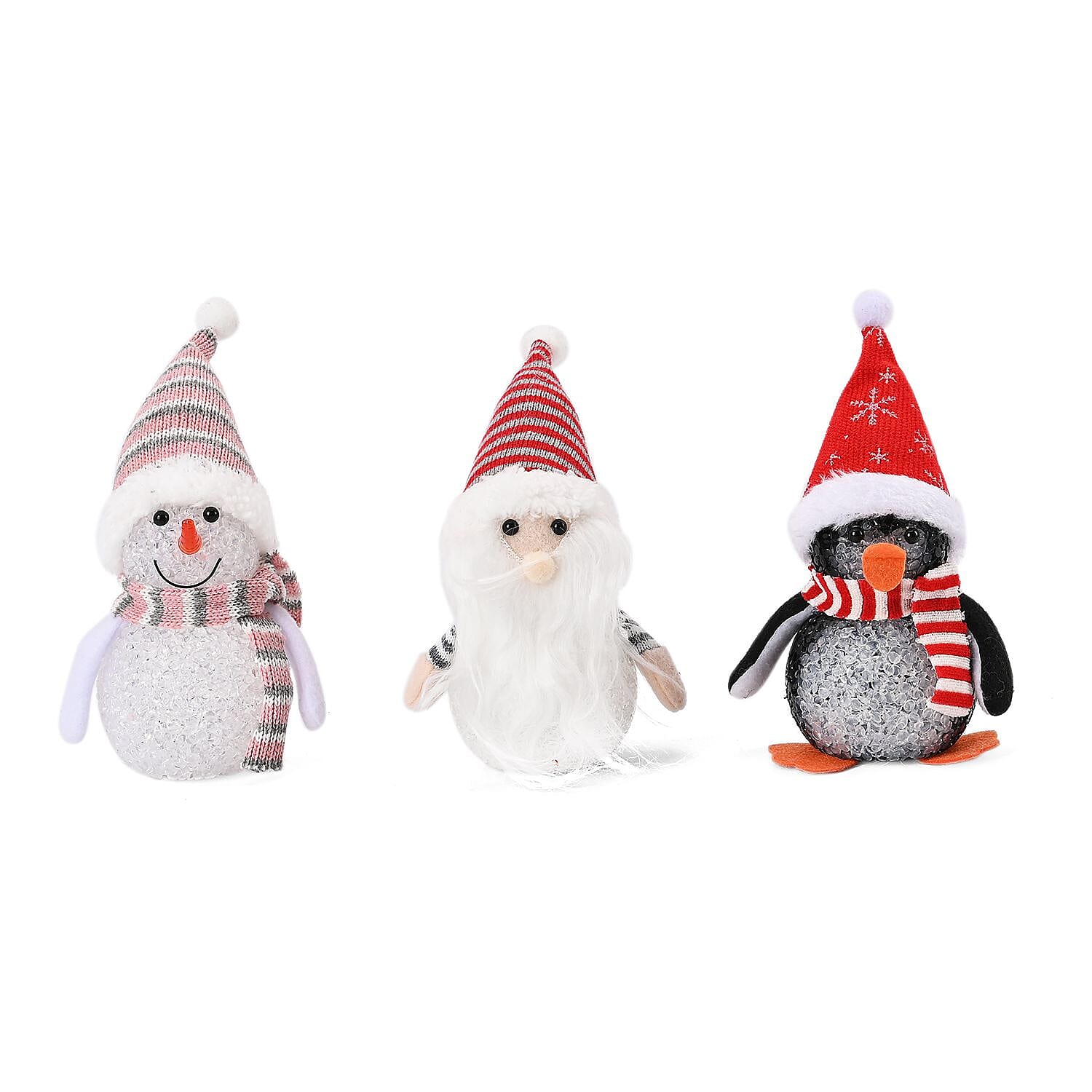 Set of 3 Christmas Ornaments (Penguin, Snowman and Christmas Gnome) with Multi LED Light Effect, 18cm Height