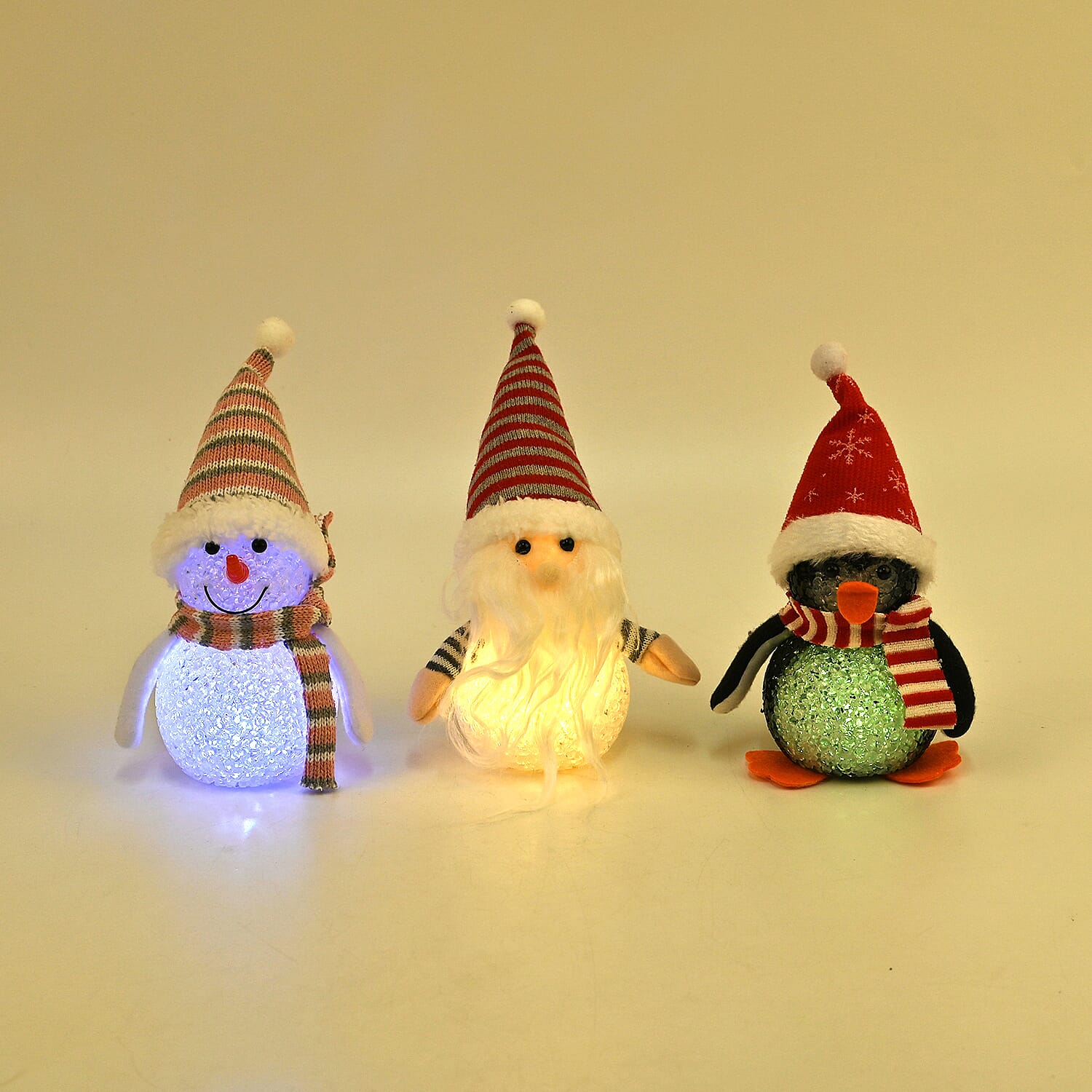 Set of 3 Christmas Ornaments (Penguin, Snowman and Christmas Gnome) with Multi LED Light Effect, 18cm Height