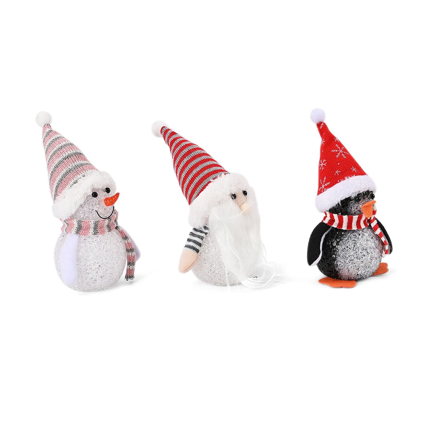 Set of 3 Christmas Ornaments (Penguin, Snowman and Christmas Gnome) with Multi LED Light Effect, 18cm Height