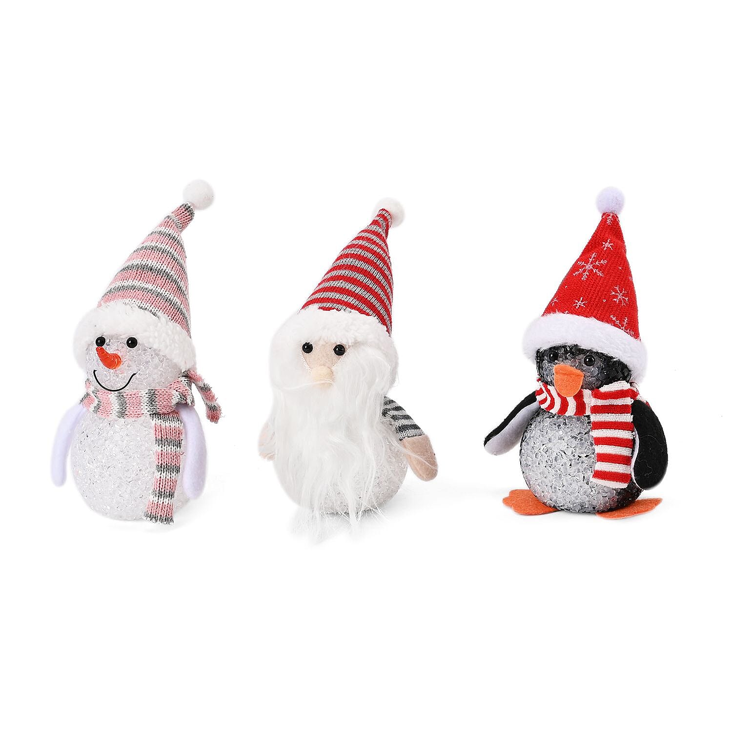 Set of 3 Christmas Ornaments (Penguin, Snowman and Christmas Gnome) with Multi LED Light Effect, 18cm Height