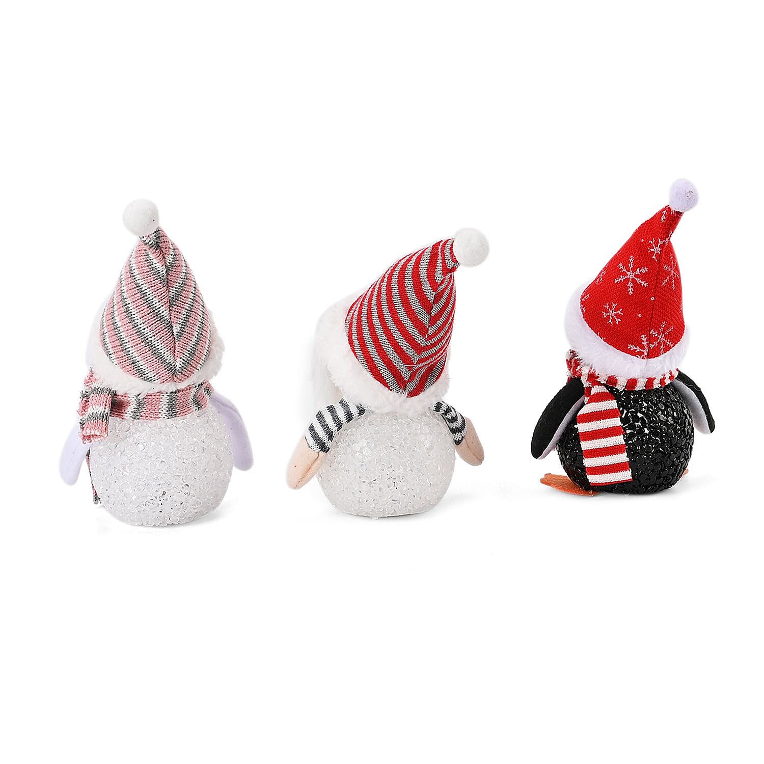 Set of 3 Christmas Ornaments (Penguin, Snowman and Christmas Gnome) with Multi LED Light Effect, 18cm Height