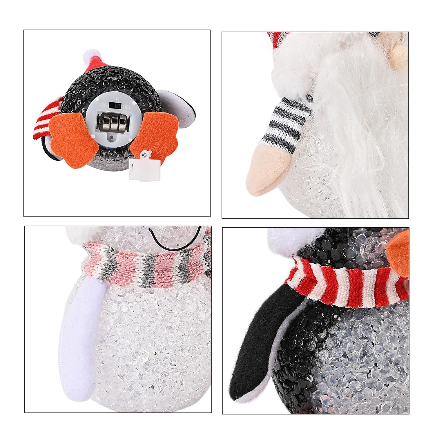Set of 3 Christmas Ornaments (Penguin, Snowman and Christmas Gnome) with Multi LED Light Effect, 18cm Height