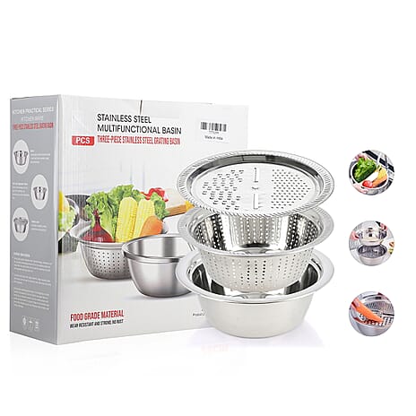 Set of 3 Stainless Steel Multifunctional Grating Basin (26 cm) - Silver