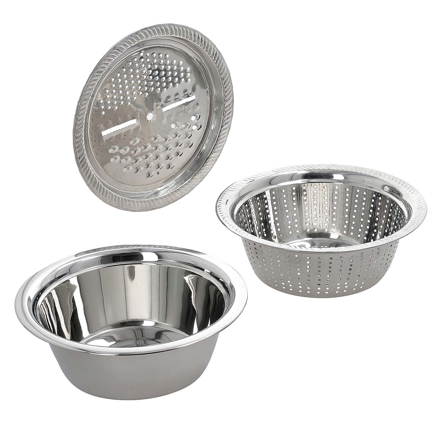 Set of 3 Stainless Steel Multifunctional Grating Basin (26 cm) - Silver