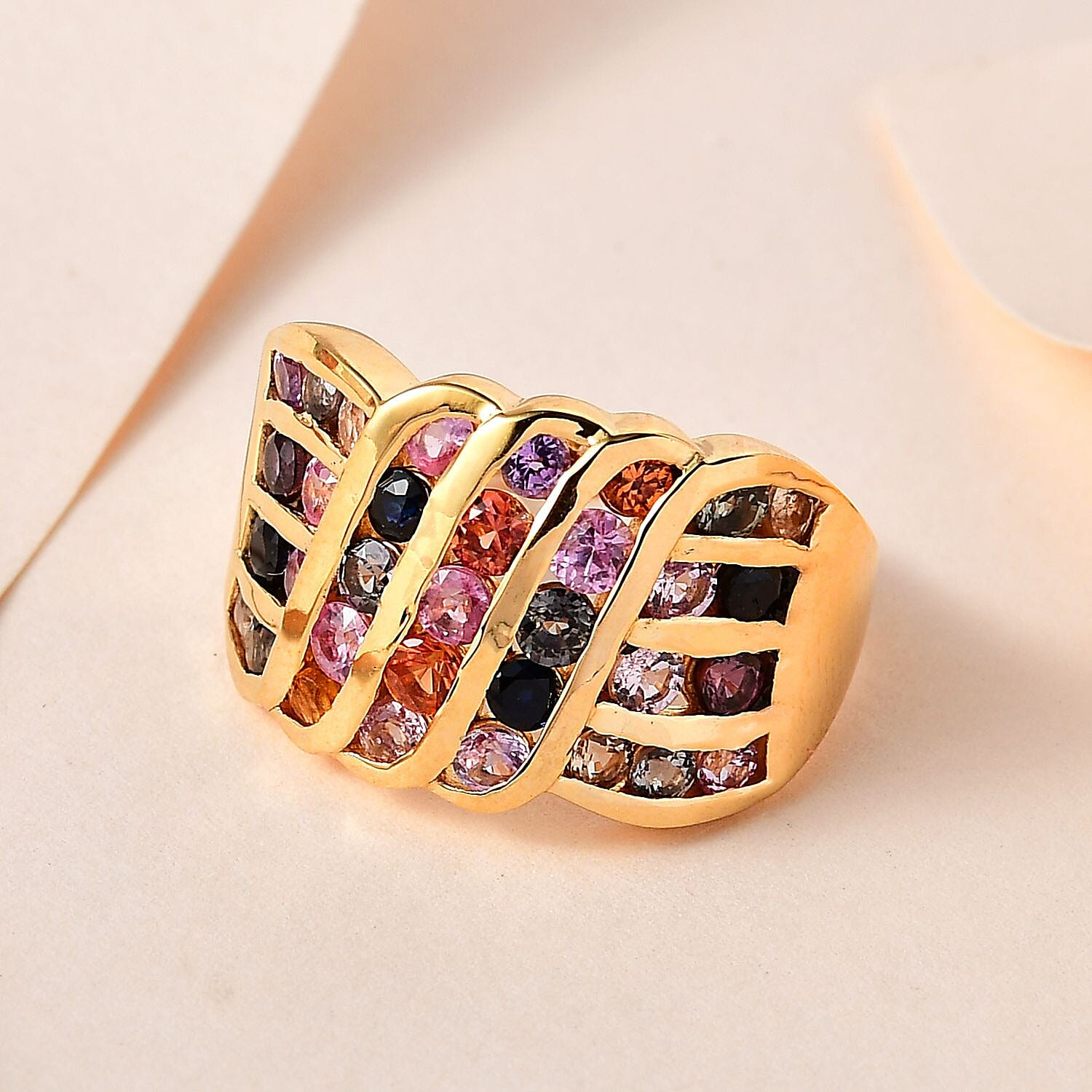 Multi Sapphire Ring in 18K Yellow Gold Vermeil Plated Sterling Silver 3.00 Ct, Silver Wt. 6.43 Gms