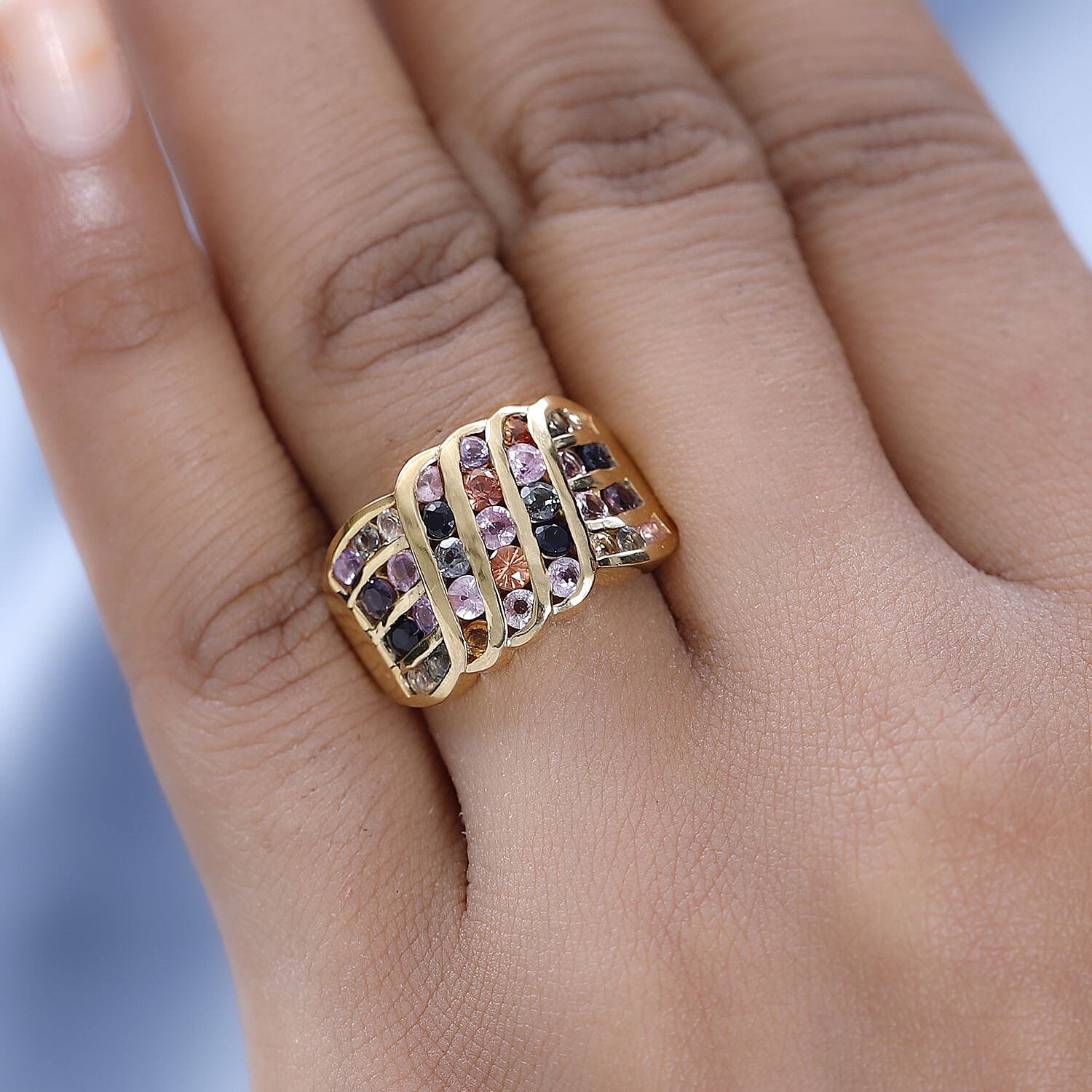 Multi Sapphire Ring in 18K Yellow Gold Vermeil Plated Sterling Silver 3.00 Ct, Silver Wt. 6.43 Gms