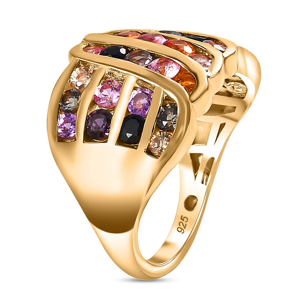 Multi Sapphire Ring in 18K Yellow Gold Vermeil Plated Sterling Silver 3.00 Ct, Silver Wt. 6.43 Gms