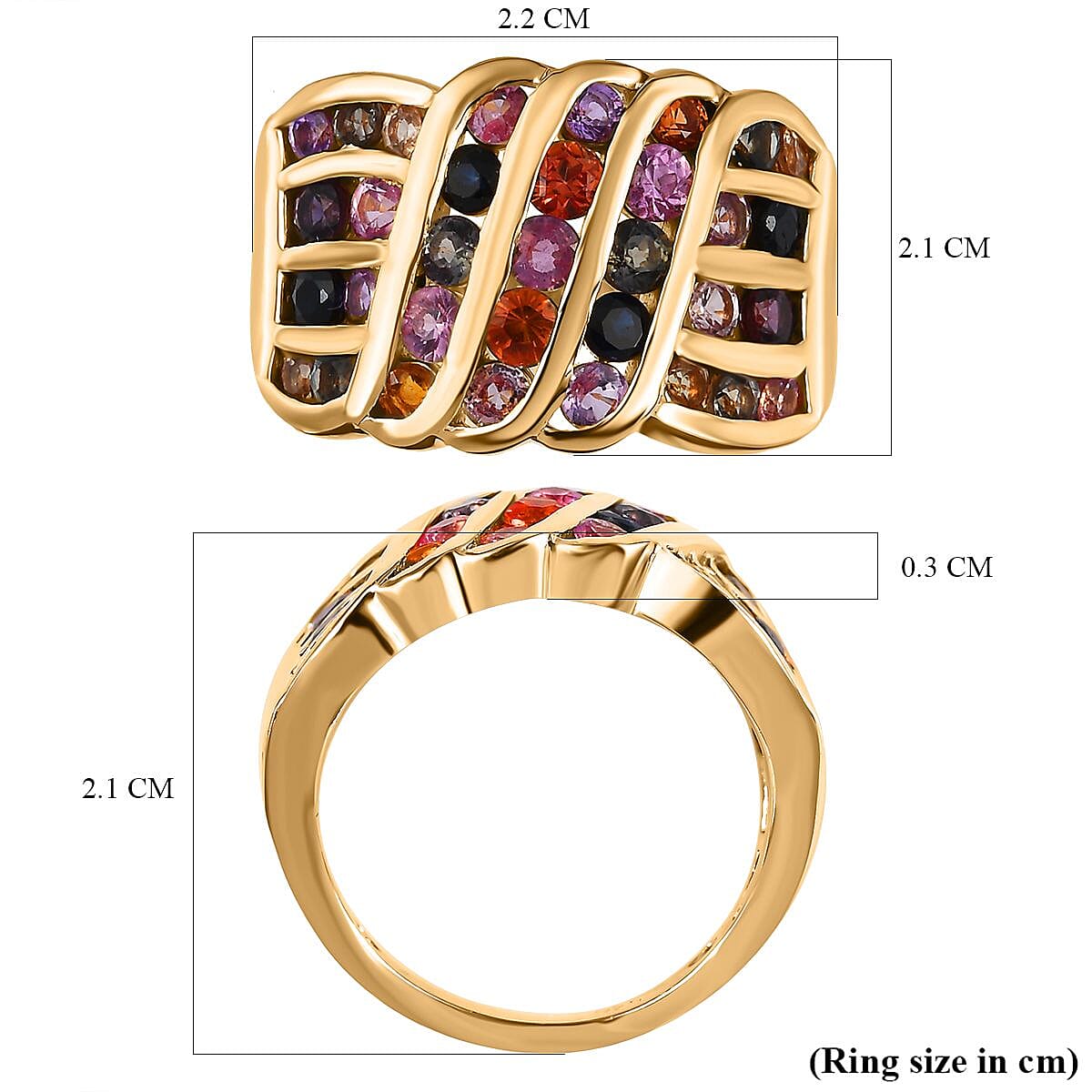 Multi Sapphire Ring in 18K Yellow Gold Vermeil Plated Sterling Silver 3.00 Ct, Silver Wt. 6.43 Gms
