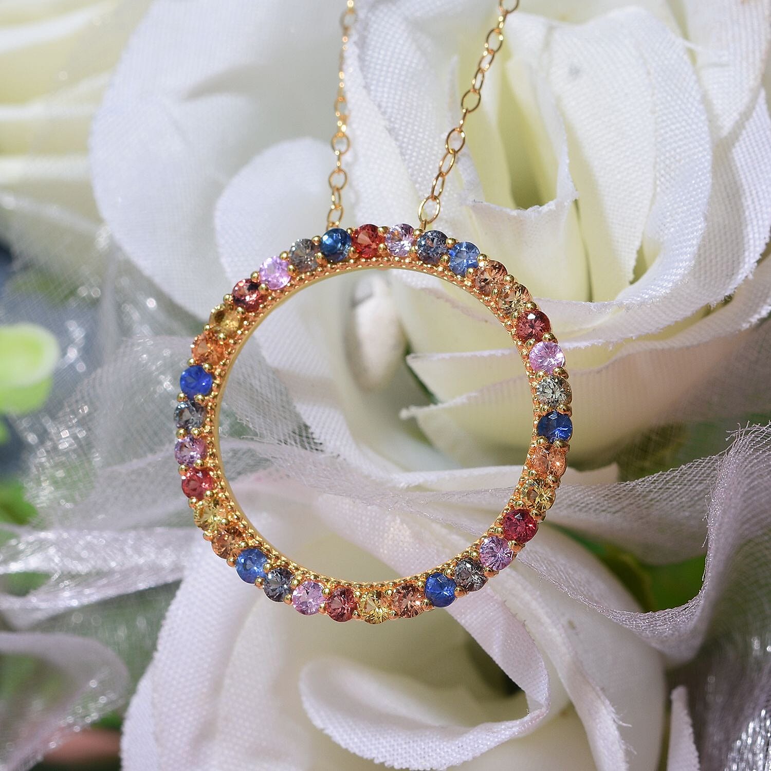 Rainbow Sapphire Pendant with Chain (Size 20) in 18K Vermeil Yellow Gold Plated Sterling Silver 1.36 Ct.