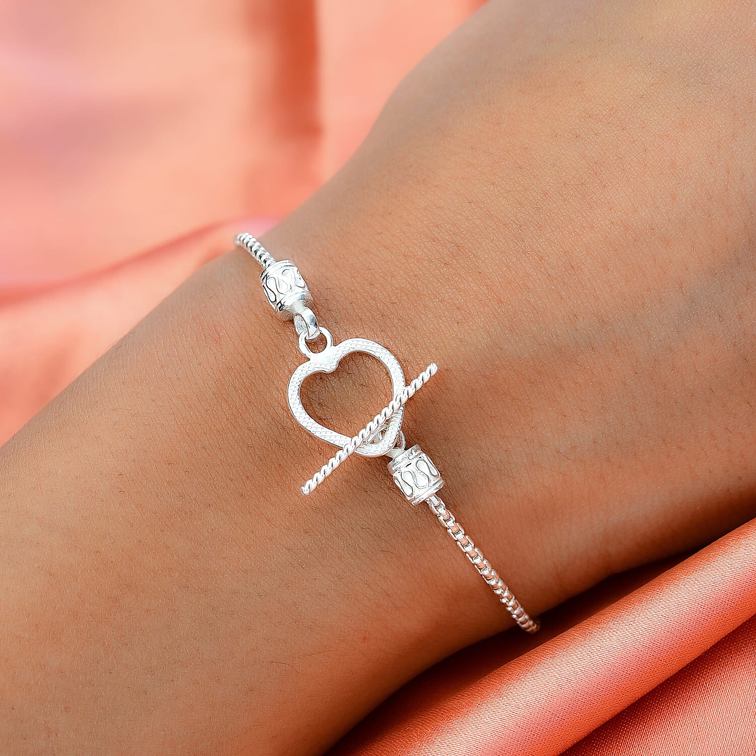 Silver Heart Bracelet (Size - 7.5) with T-Bar Clasp