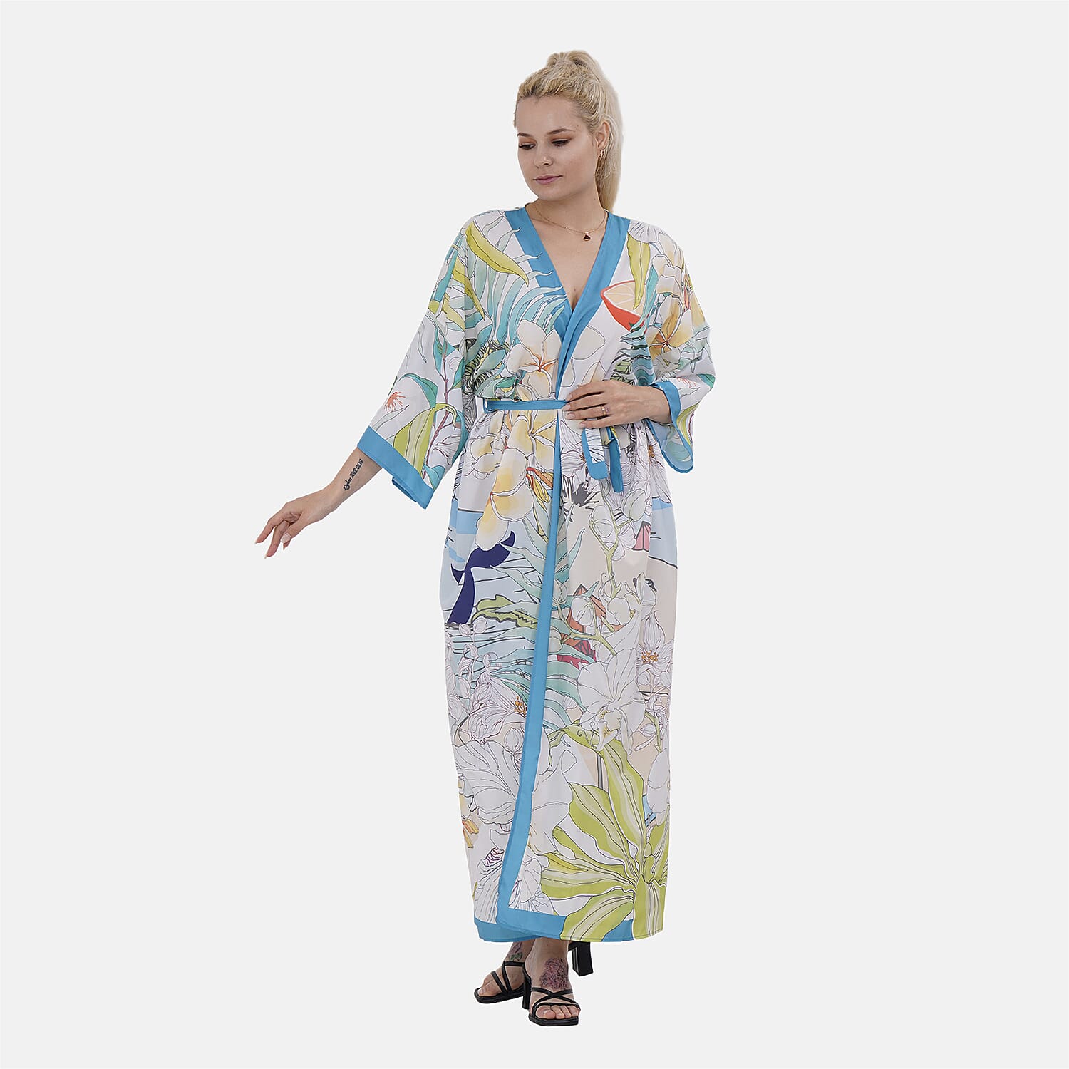 Closeout Deal Printed Long Kimono (One Size,8-18) - Marine Green