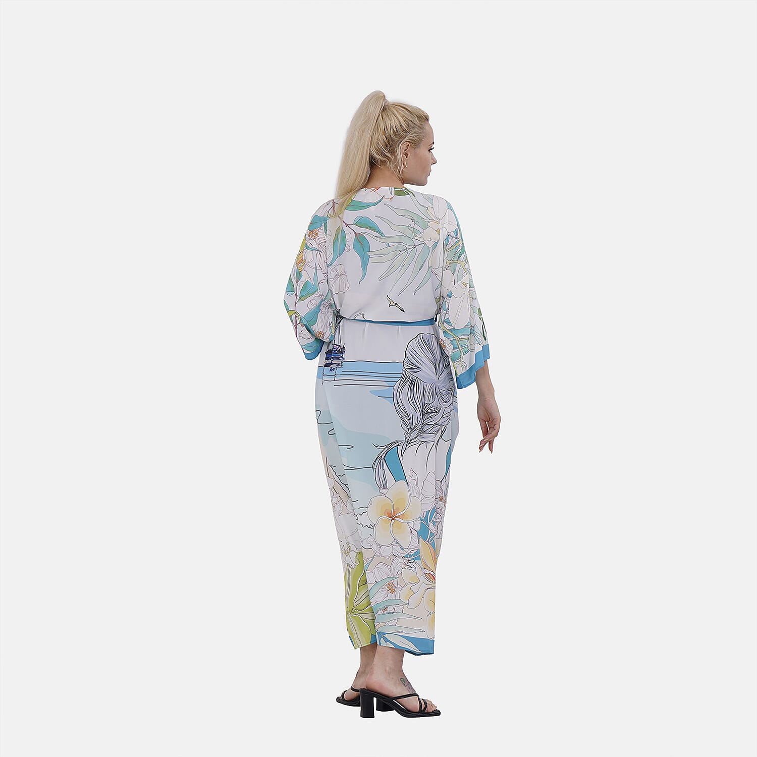 Closeout Deal Printed Long Kimono (One Size,8-18) - Marine Green