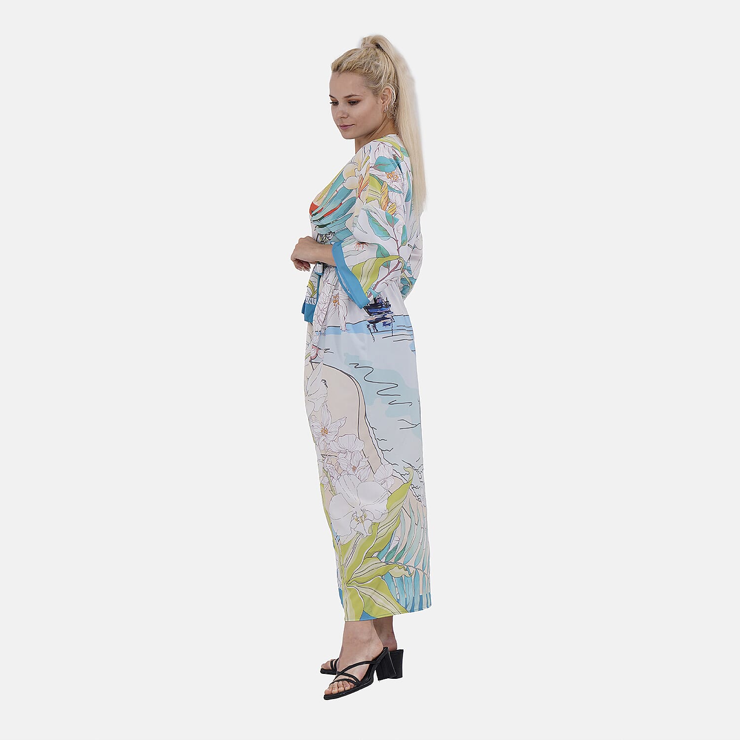 Closeout Deal Printed Long Kimono (One Size,8-18) - Marine Green