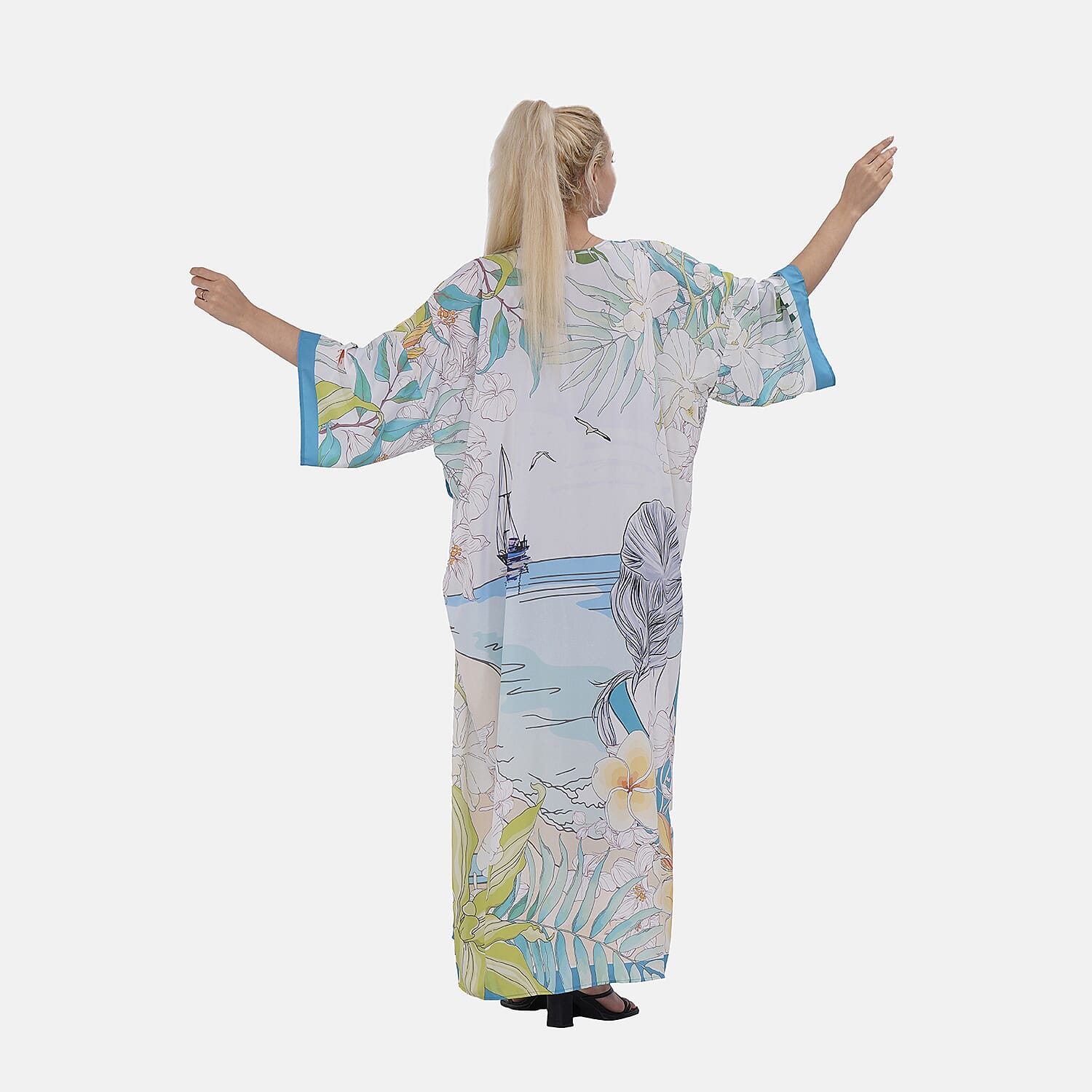 Closeout Deal Printed Long Kimono (One Size,8-18) - Marine Green