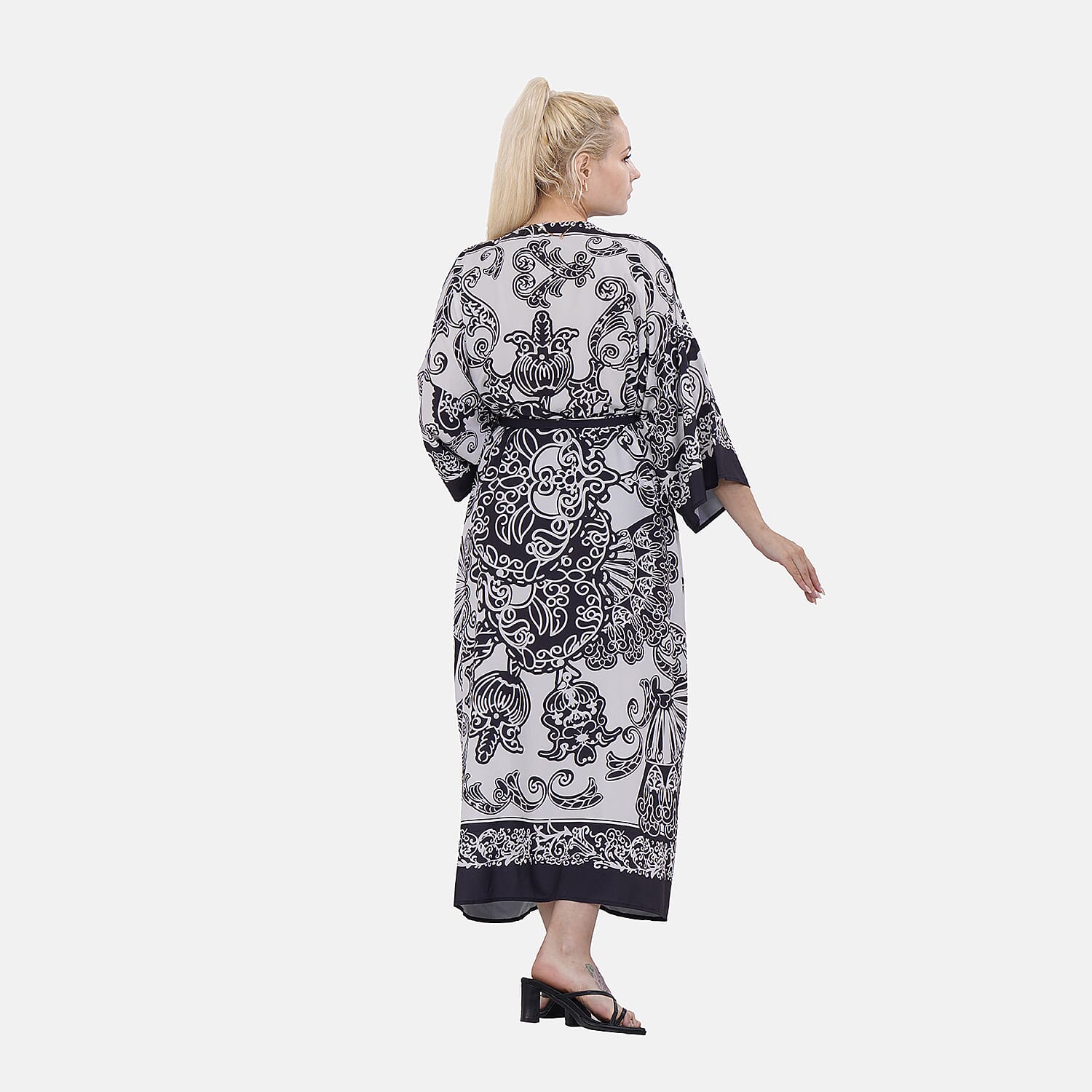 Closeout Deal Floral Printed Long Kimono (One Size) - Black