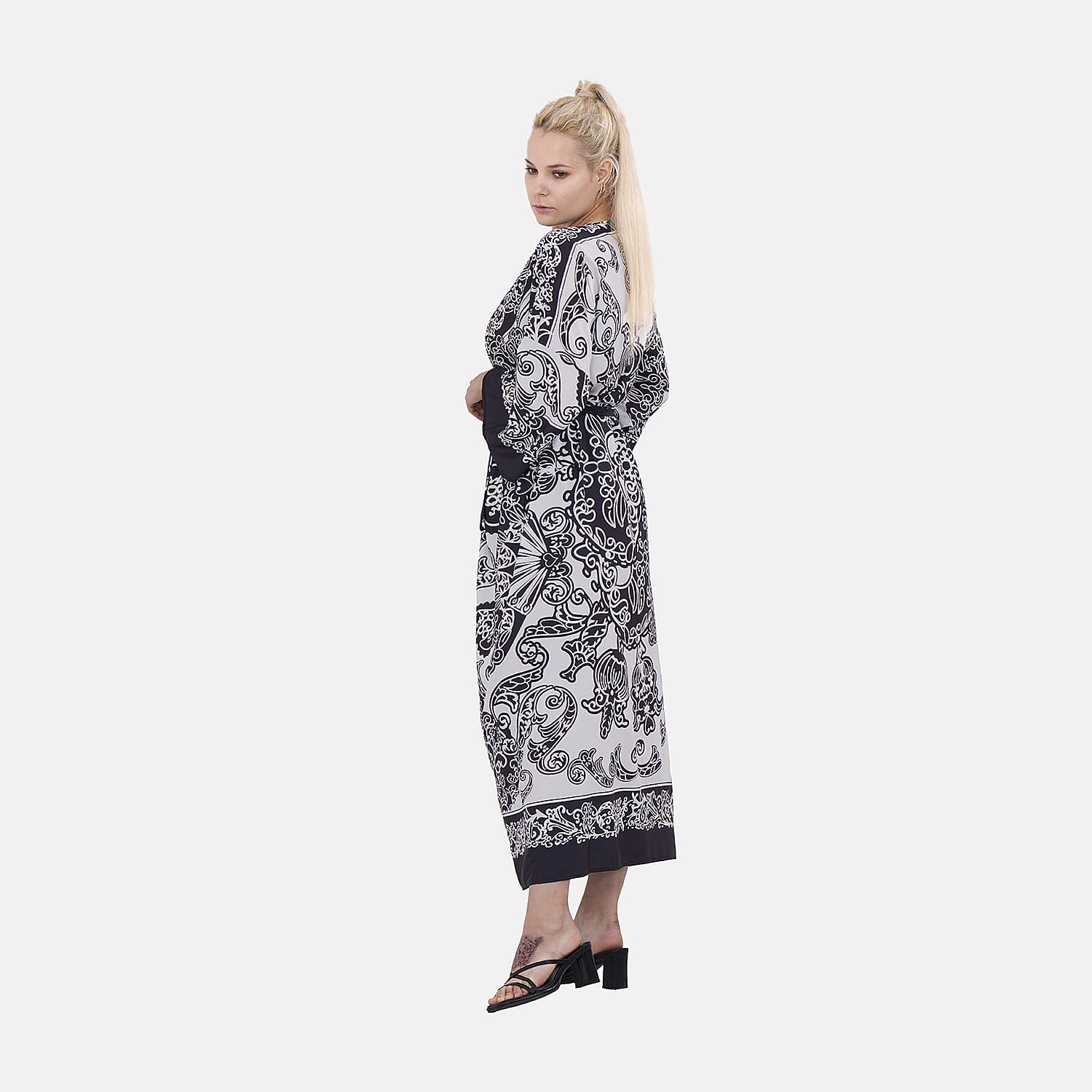 Closeout Deal Floral Printed Long Kimono (One Size) - Black