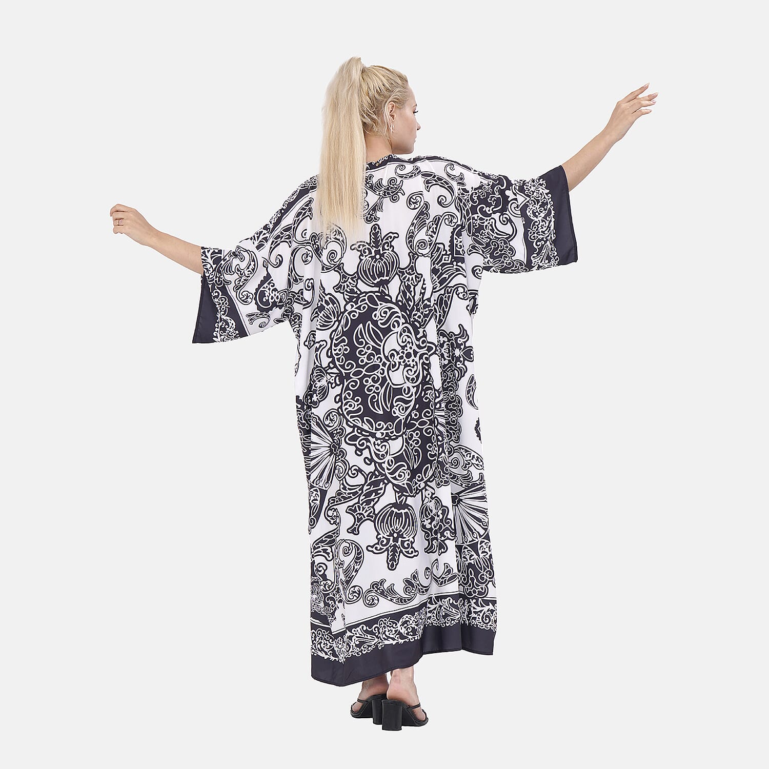 Closeout Deal Floral Printed Long Kimono (One Size) - Black