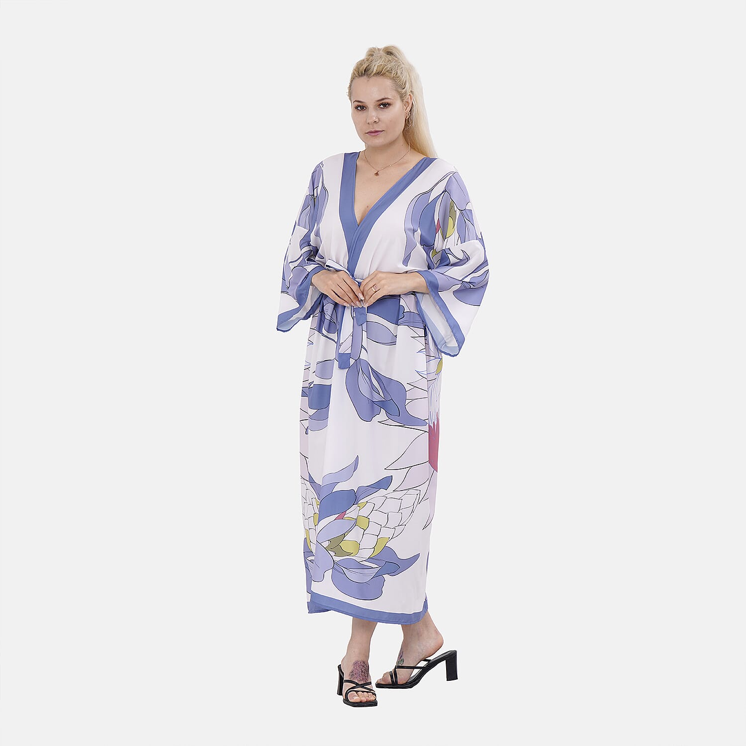 Closeout Deal Floral Printed Long Kimono (One Size) - Purple & White