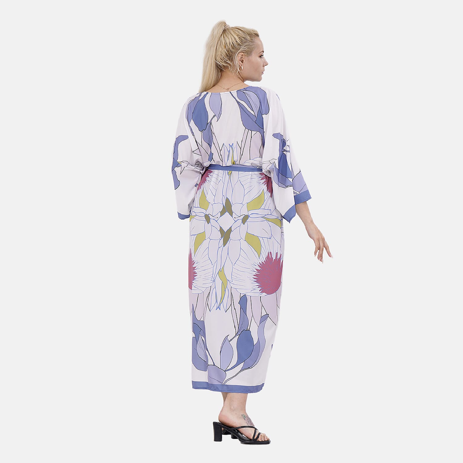 Closeout Deal Floral Printed Long Kimono (One Size) - Purple & White
