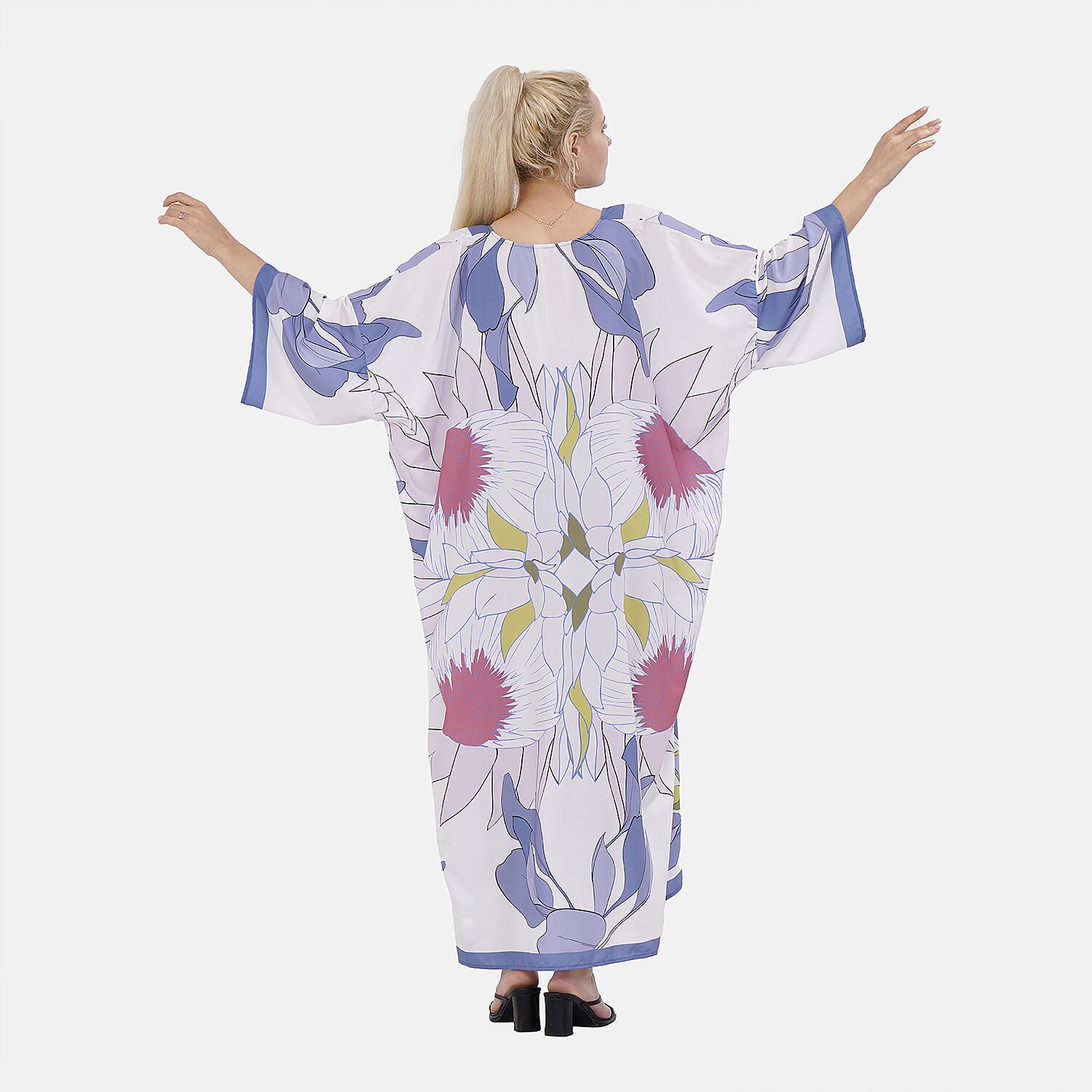 Closeout Deal Floral Printed Long Kimono (One Size) - Purple & White