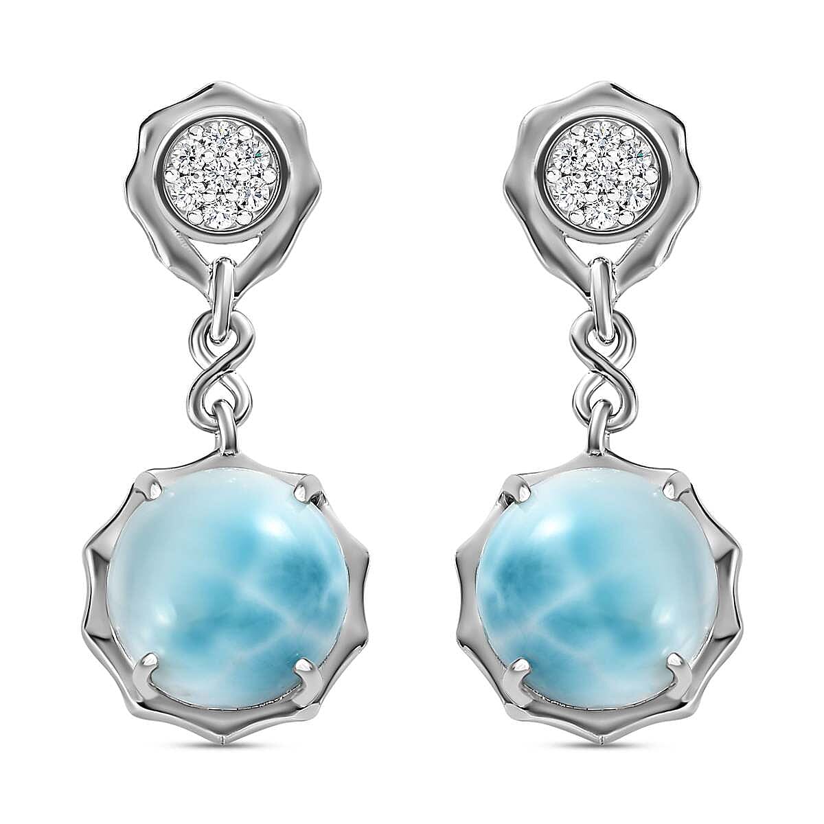 GP - Larimar and Natural Zircon Dangle Earrings in Platinum Overlay Sterling Silver 9.30 Ct