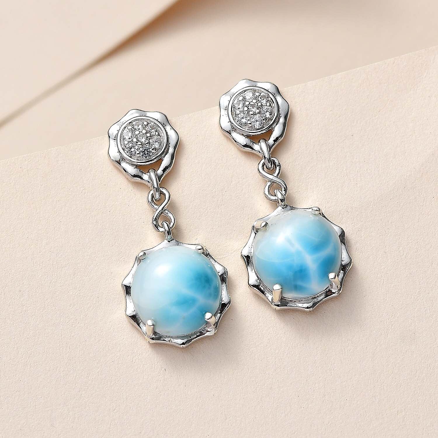 GP - Larimar and Natural Zircon Dangle Earrings in Platinum Overlay Sterling Silver 9.30 Ct