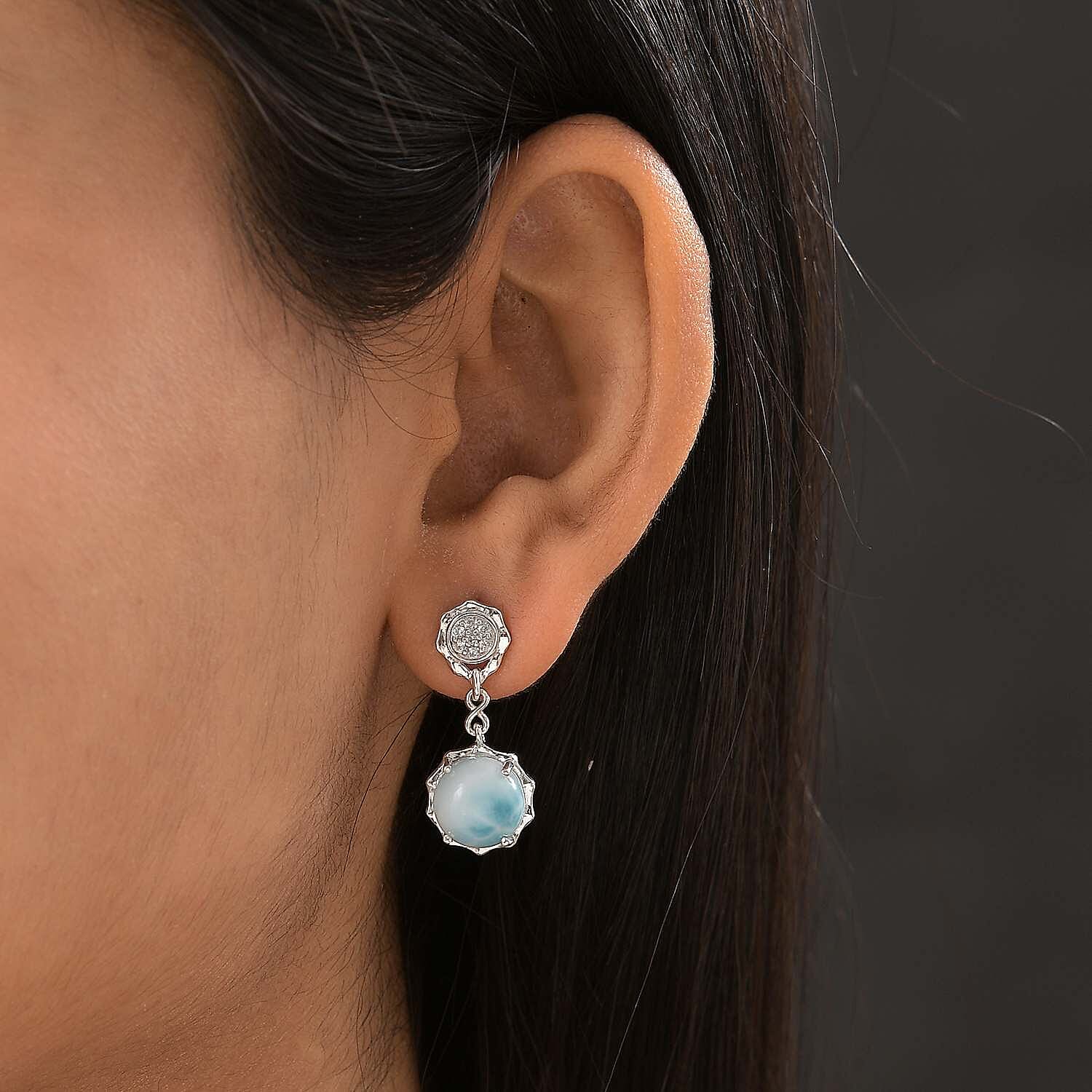 GP - Larimar and Natural Zircon Dangle Earrings in Platinum Overlay Sterling Silver 9.30 Ct