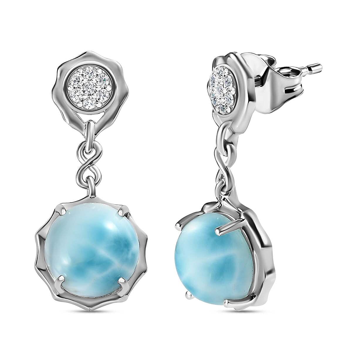 GP - Larimar and Natural Zircon Dangle Earrings in Platinum Overlay Sterling Silver 9.30 Ct