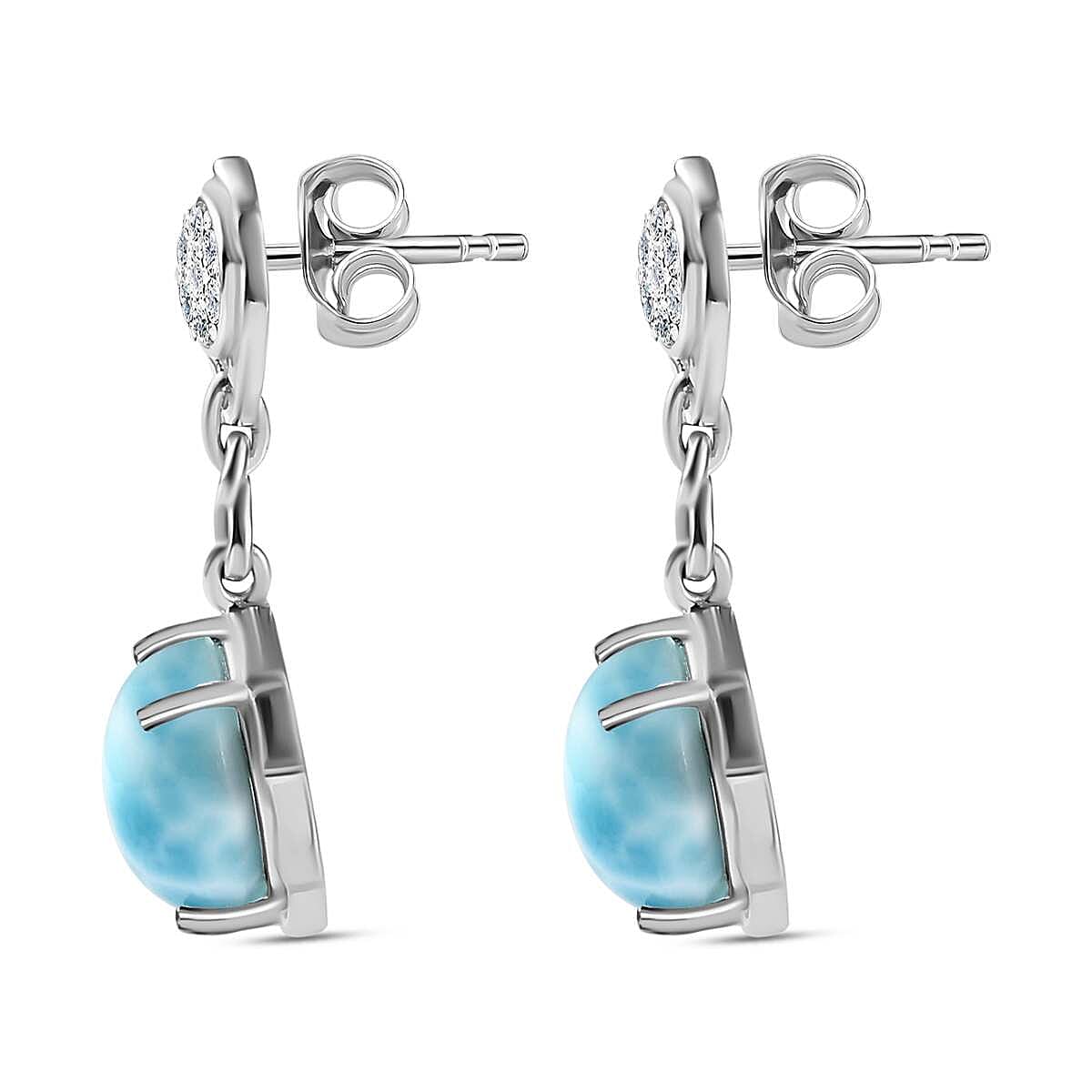 GP - Larimar and Natural Zircon Dangle Earrings in Platinum Overlay Sterling Silver 9.30 Ct