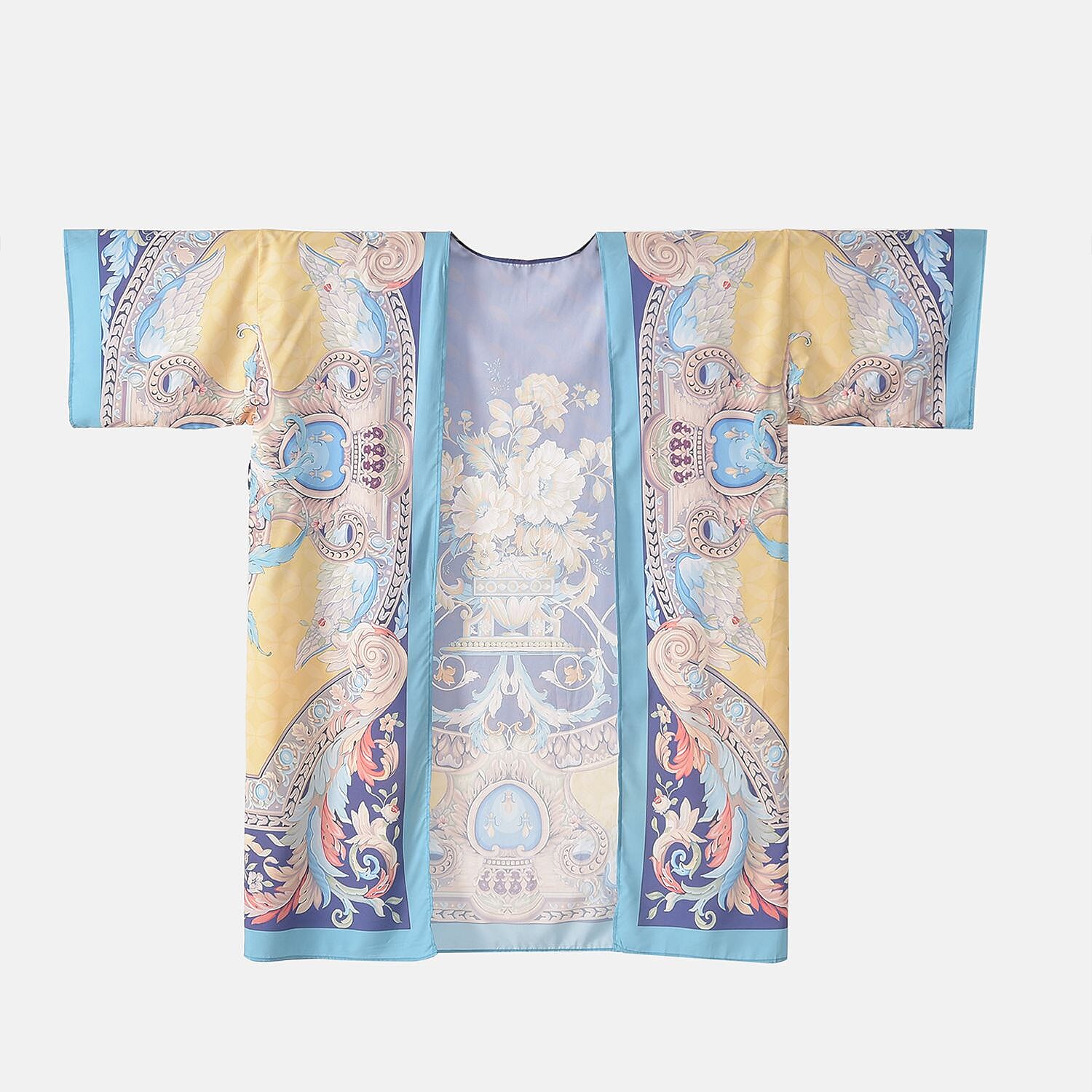  Closeout Deal Floral Printed Long Kimono - Blue