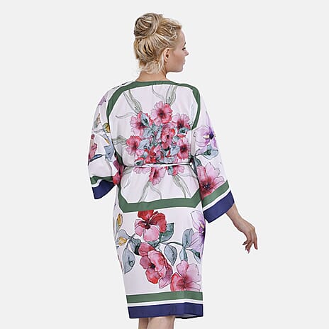 Closeout Deal Floral Printed Long Kimono (One Size) - White - Pink