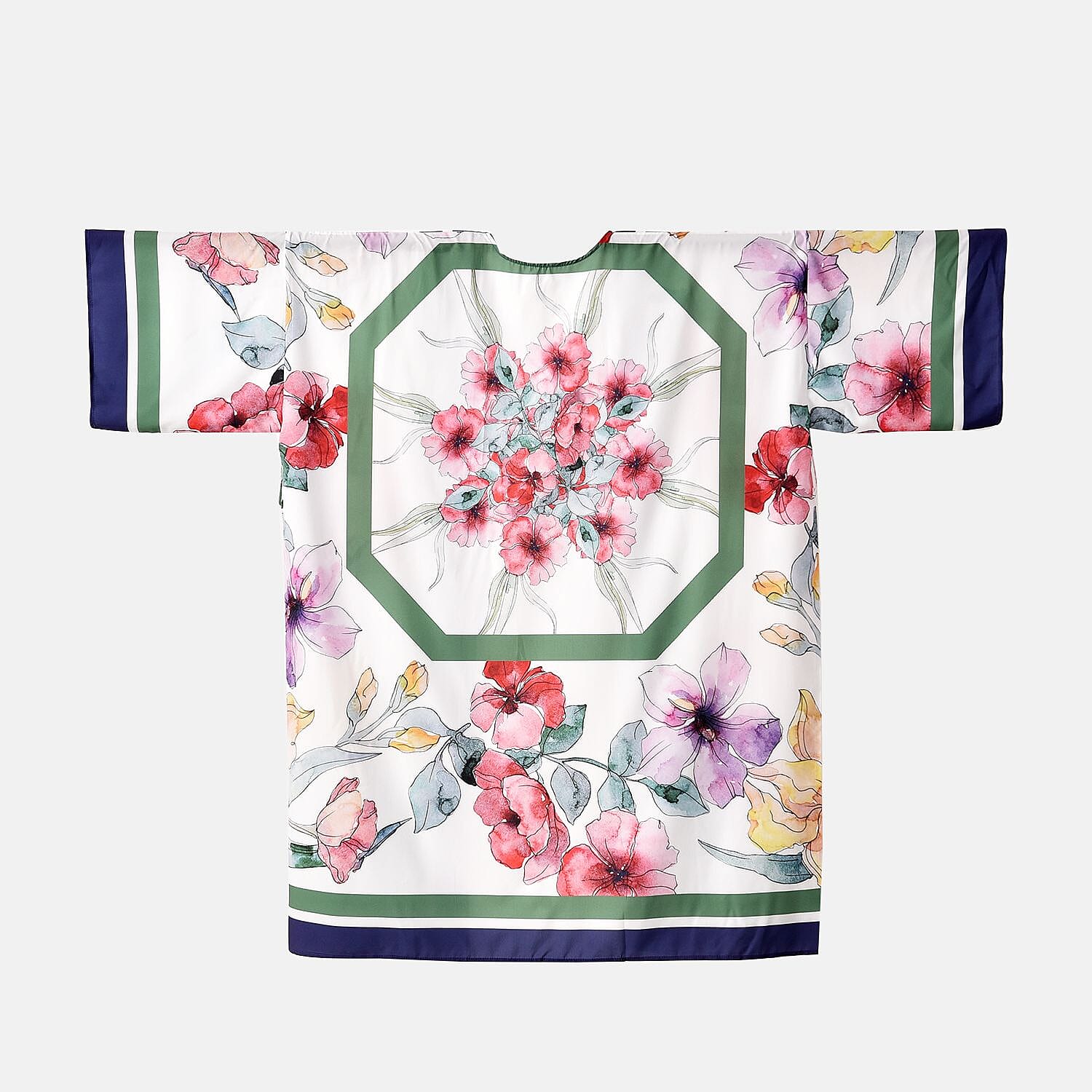 Closeout Deal Floral Printed Long Kimono (One Size) - White - Pink