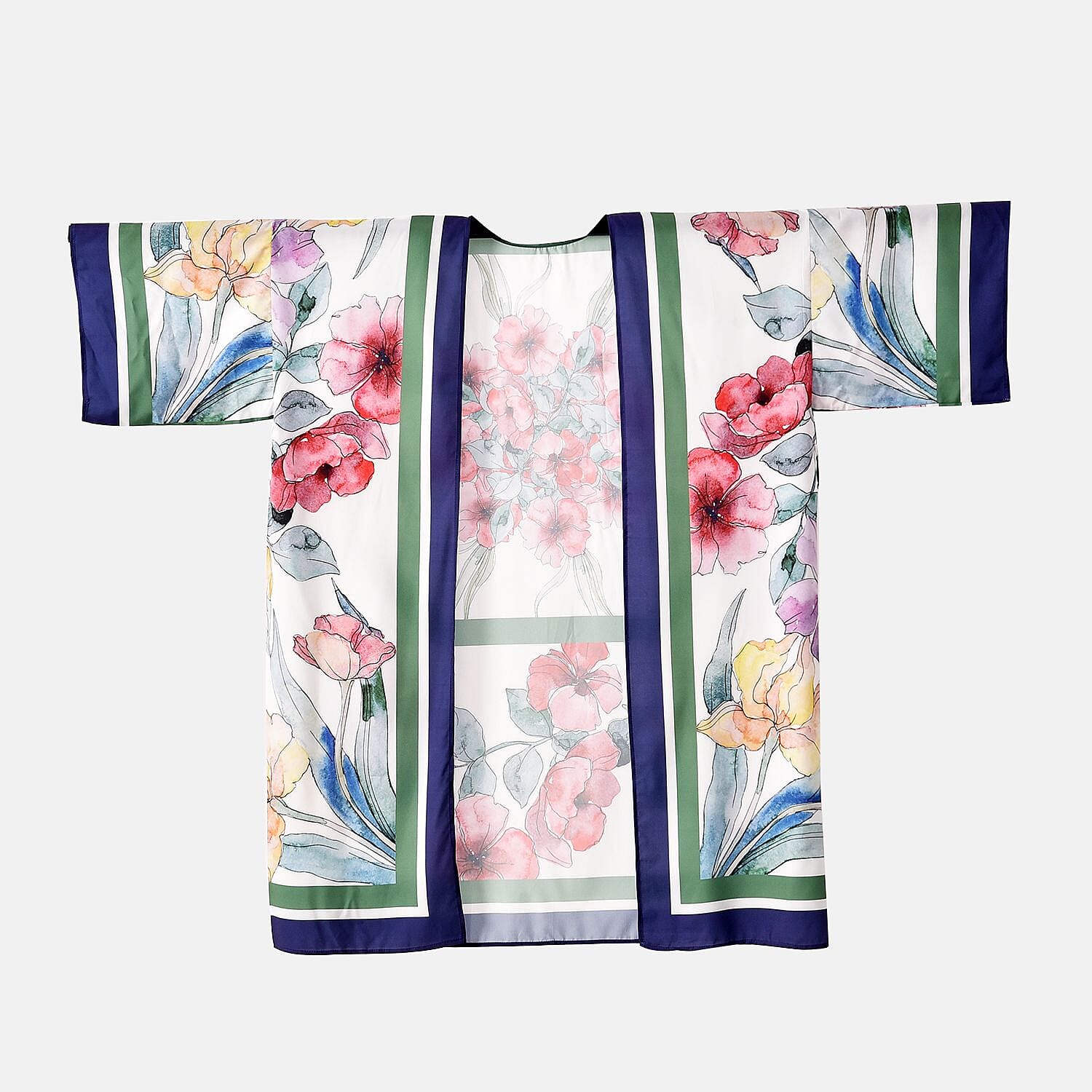 Closeout Deal Floral Printed Long Kimono (One Size) - White - Pink