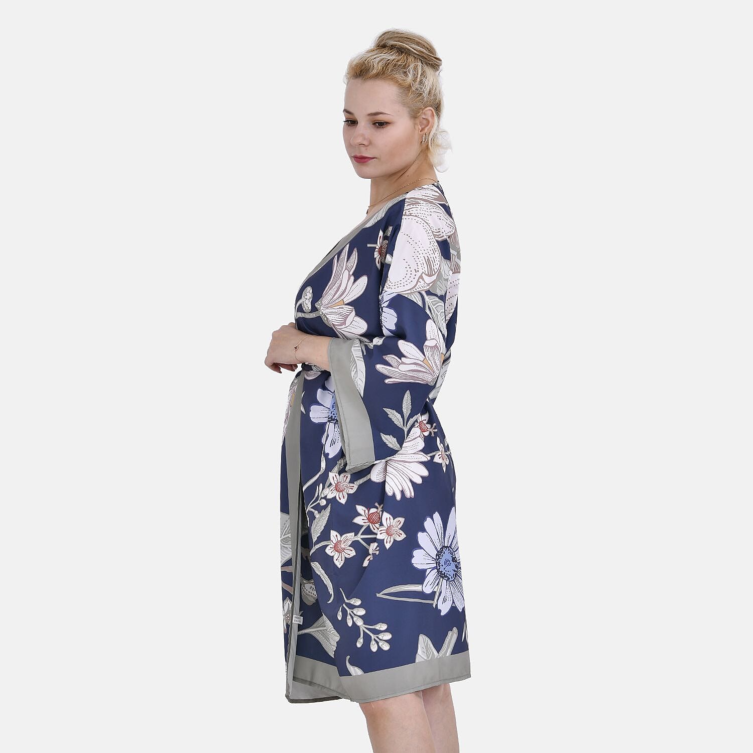 Closeout Deal Floral Printed Long Kimono (One Size) - Navy