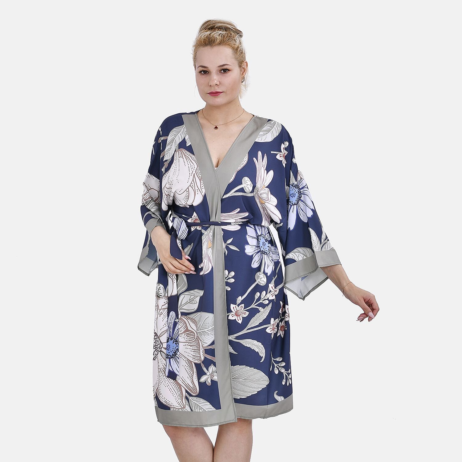 Closeout Deal Floral Printed Long Kimono (One Size) - Navy