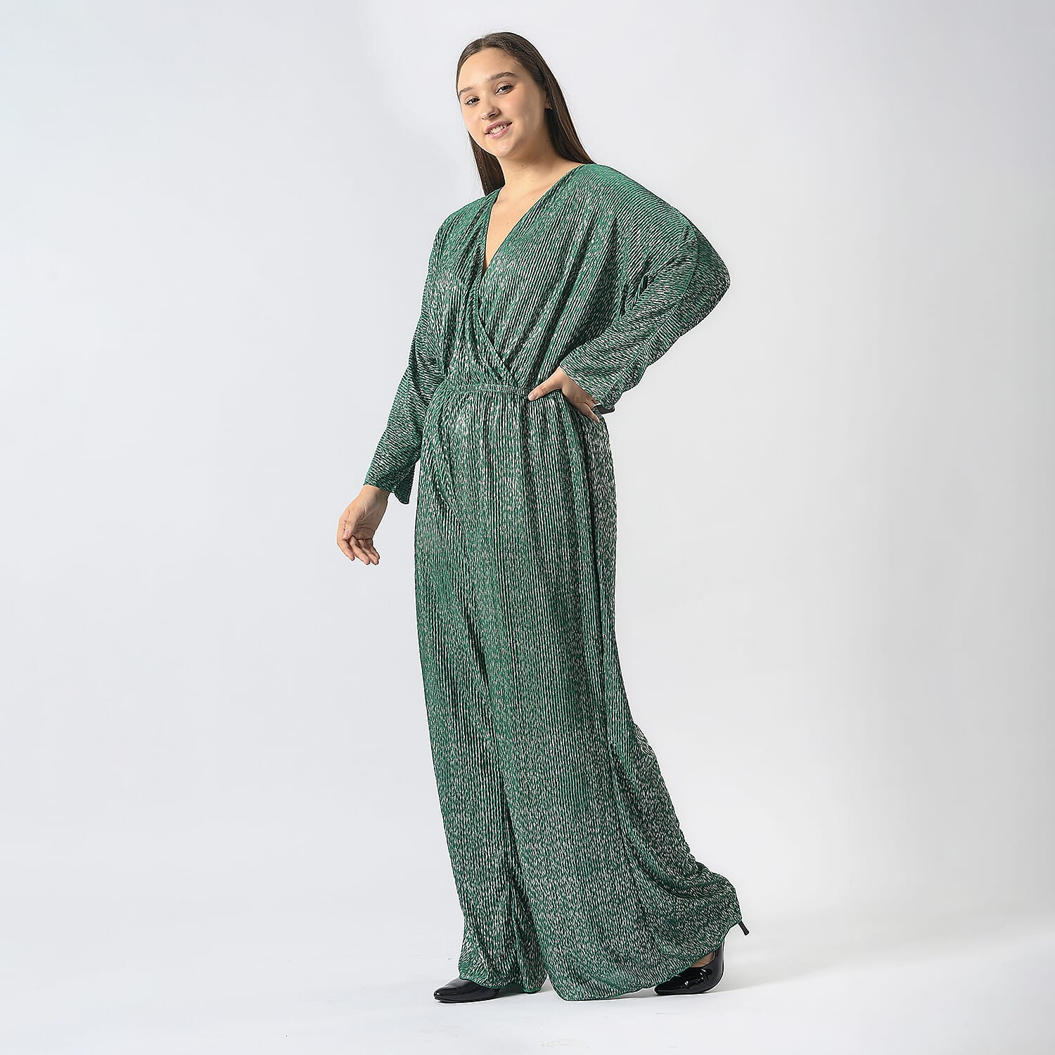 Pleated Jumpsuit with Metallic Detail & Elasticated Waist (Size M)  - Green