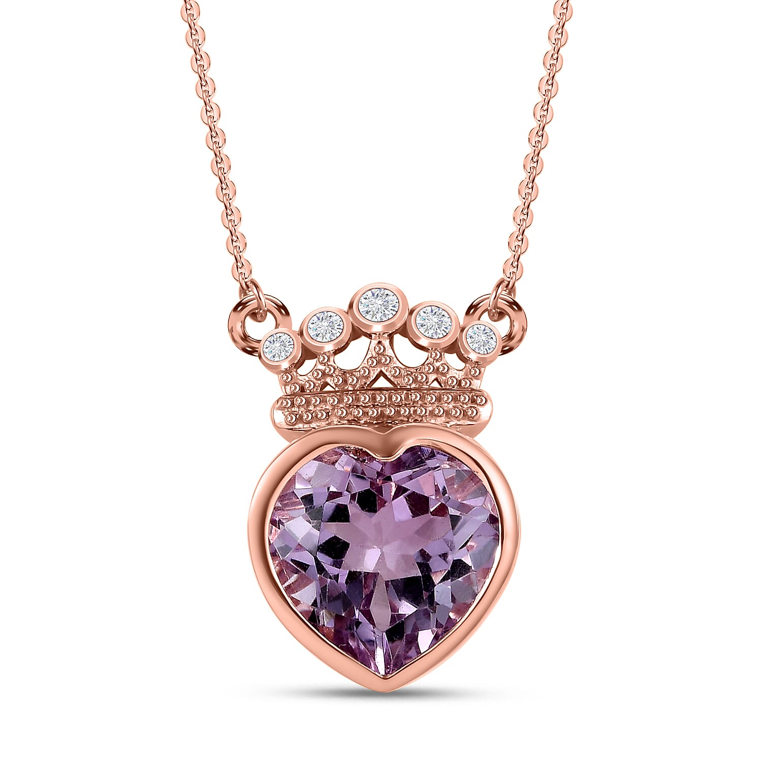 Ultimate Rose De France Amethyst and Natural Zircon Heart Necklace (Size - 20) in 18K Vermeil Rose Gold Plated Sterling Silver 3.21 Ct.