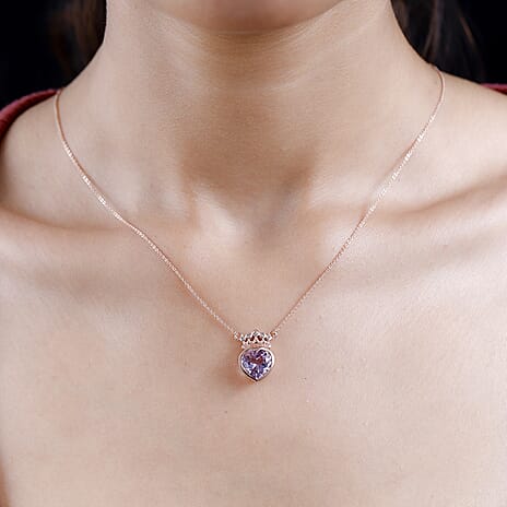 Ultimate Rose De France Amethyst and Natural Zircon Heart Necklace (Size - 20) in 18K Vermeil Rose Gold Plated Sterling Silver 3.21 Ct.