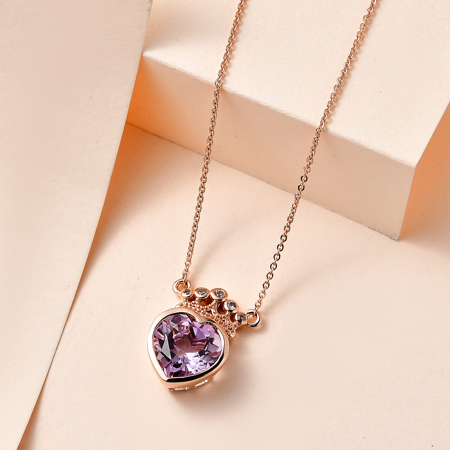 Ultimate Rose De France Amethyst and Natural Zircon Heart Necklace (Size - 20) in 18K Vermeil Rose Gold Plated Sterling Silver 3.21 Ct.